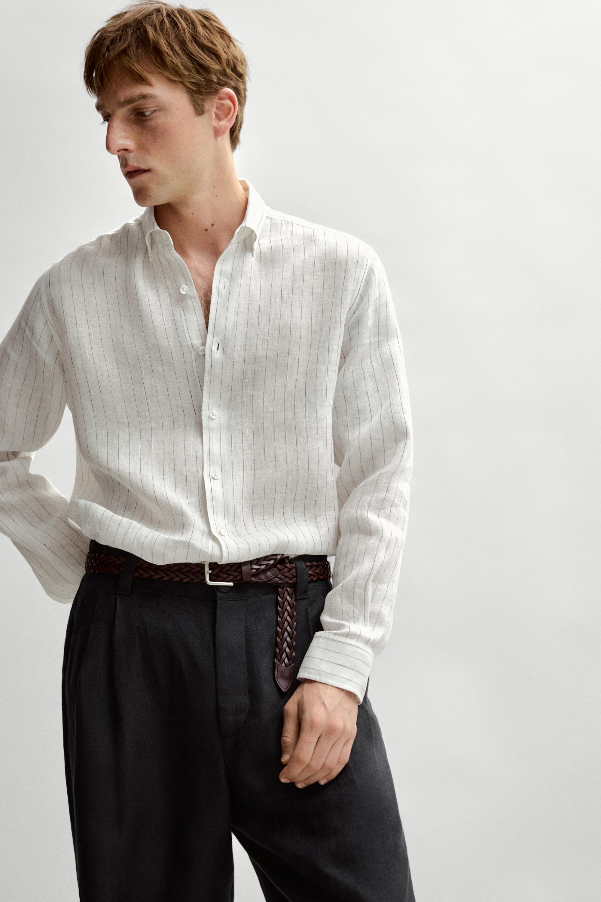 100% linen regular fit striped shirt — CREAM