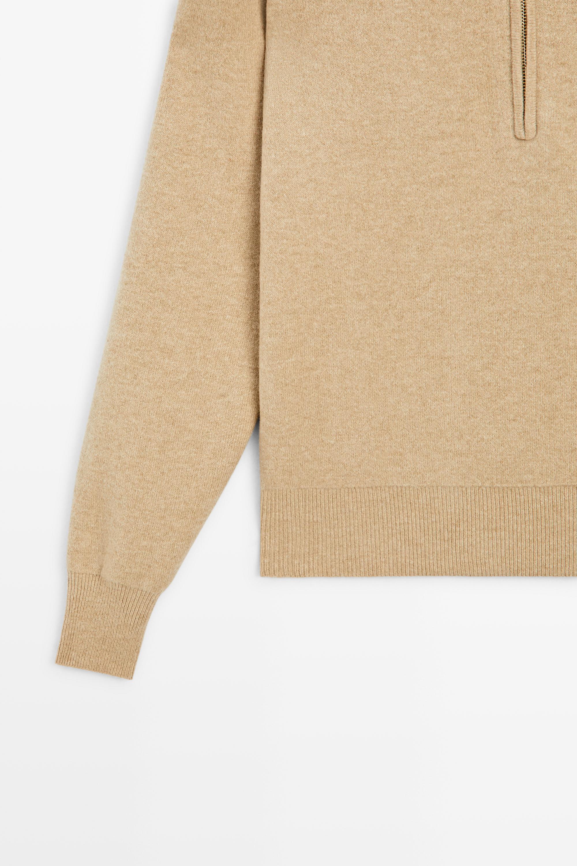 Wide collar zip-up knit sweater — CAMEL