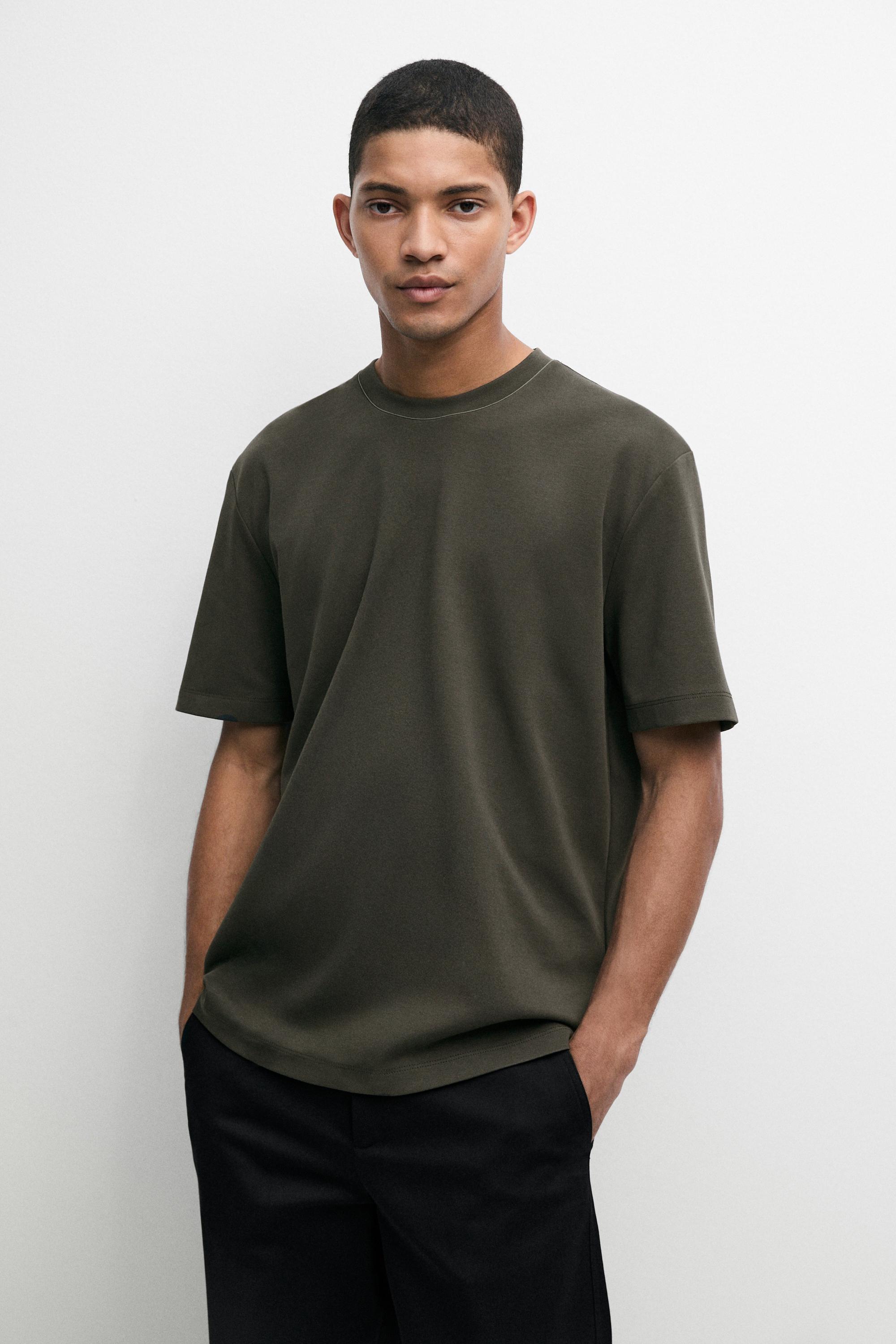 Contrast neck short sleeve T-shirt — DARK KHAKI