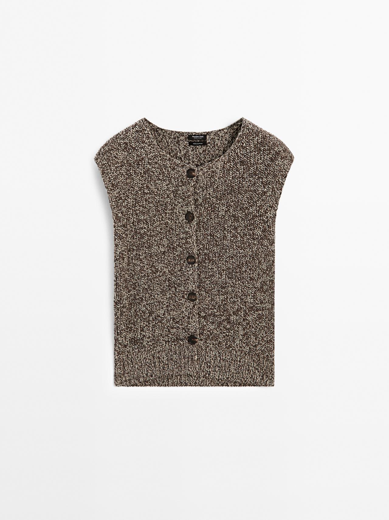 Massimo Dutti - Dame - Vest I 100% Bomuldsmouliné Med Rund Hals - Brun - M
