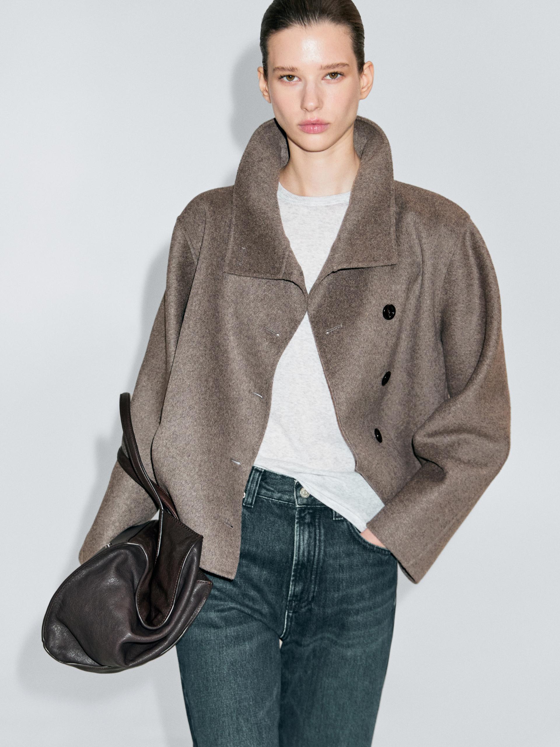 Manteau Court À Col Montant En Laine Mélangée - Gris Naturel - S - Massimo Dutti - Femme