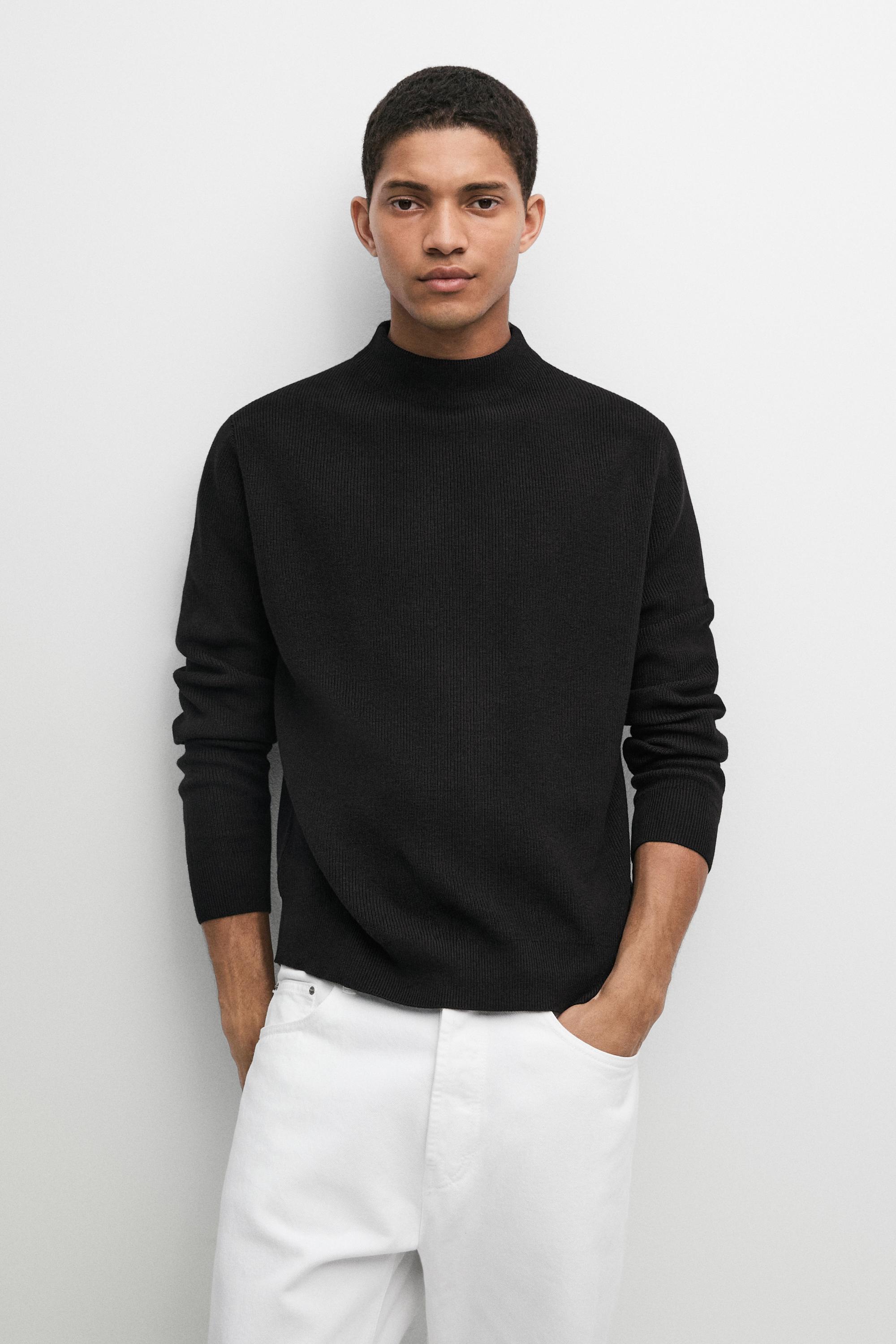 Cotton blend knit sweater with mock turtleneck — BLACK