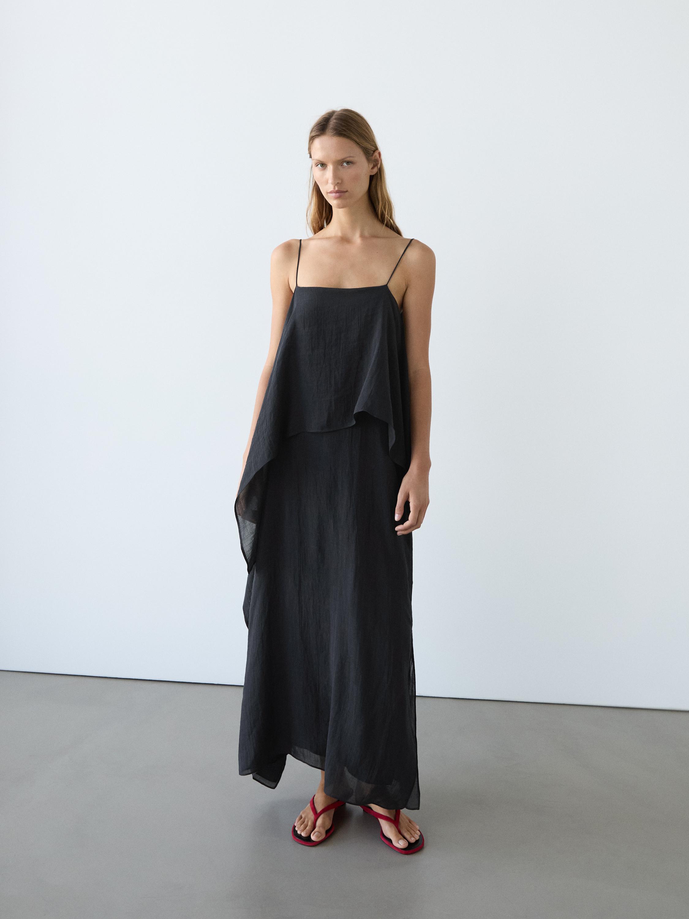 Midi dress with asymmetric ruffle detail — Dark Blue