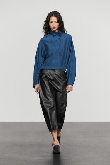 100% mulberry silk blouse with stand collar — BLUE 1