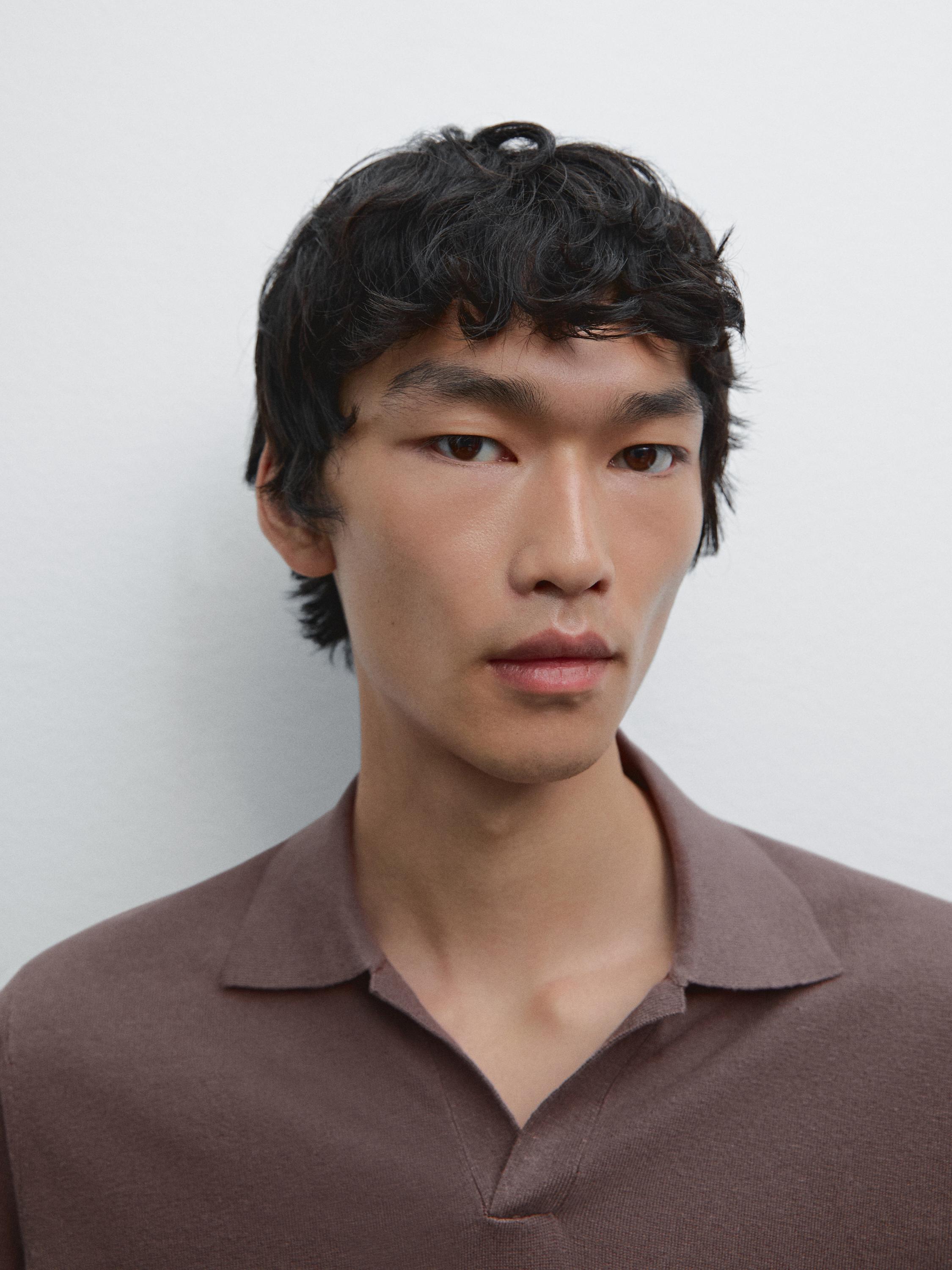 Linen blend knit V-neck polo shirt
