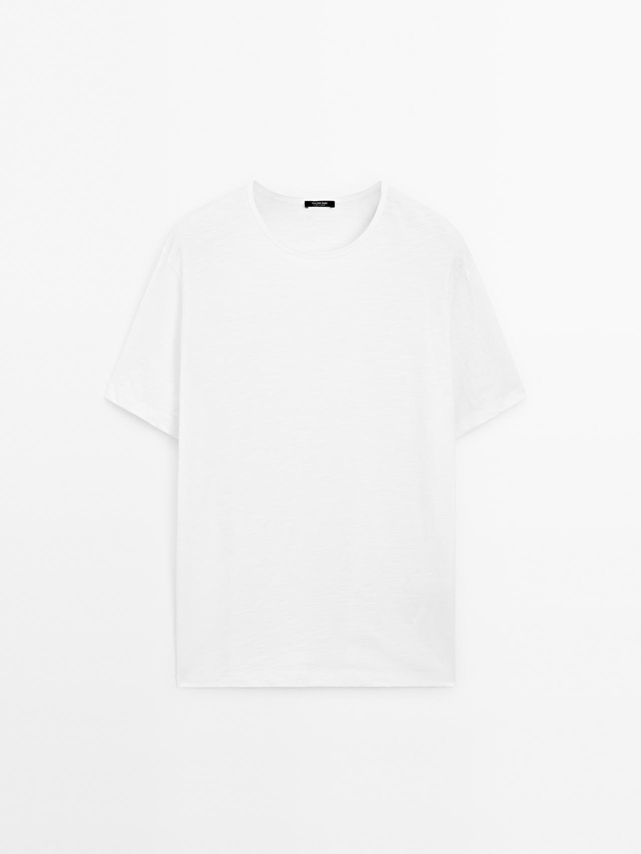 Massimo Dutti - Herre - T-Shirt I 100 % Bomuld Med Stofdetalje - Råhvid - M
