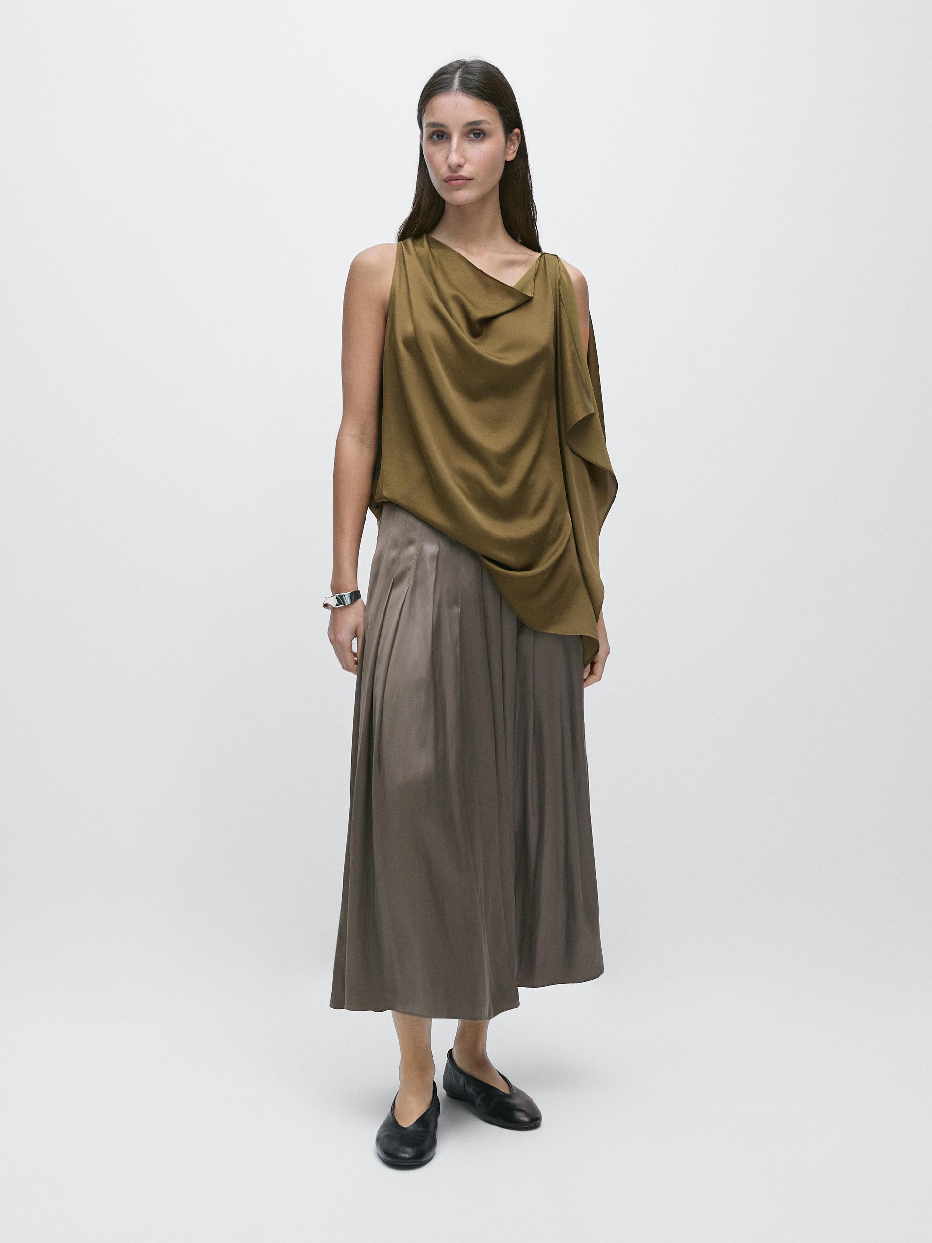 Gonna Midi Con Balze E Finitura Incerata - Grigio - 36 (It 40) - Massimo Dutti - Femminile