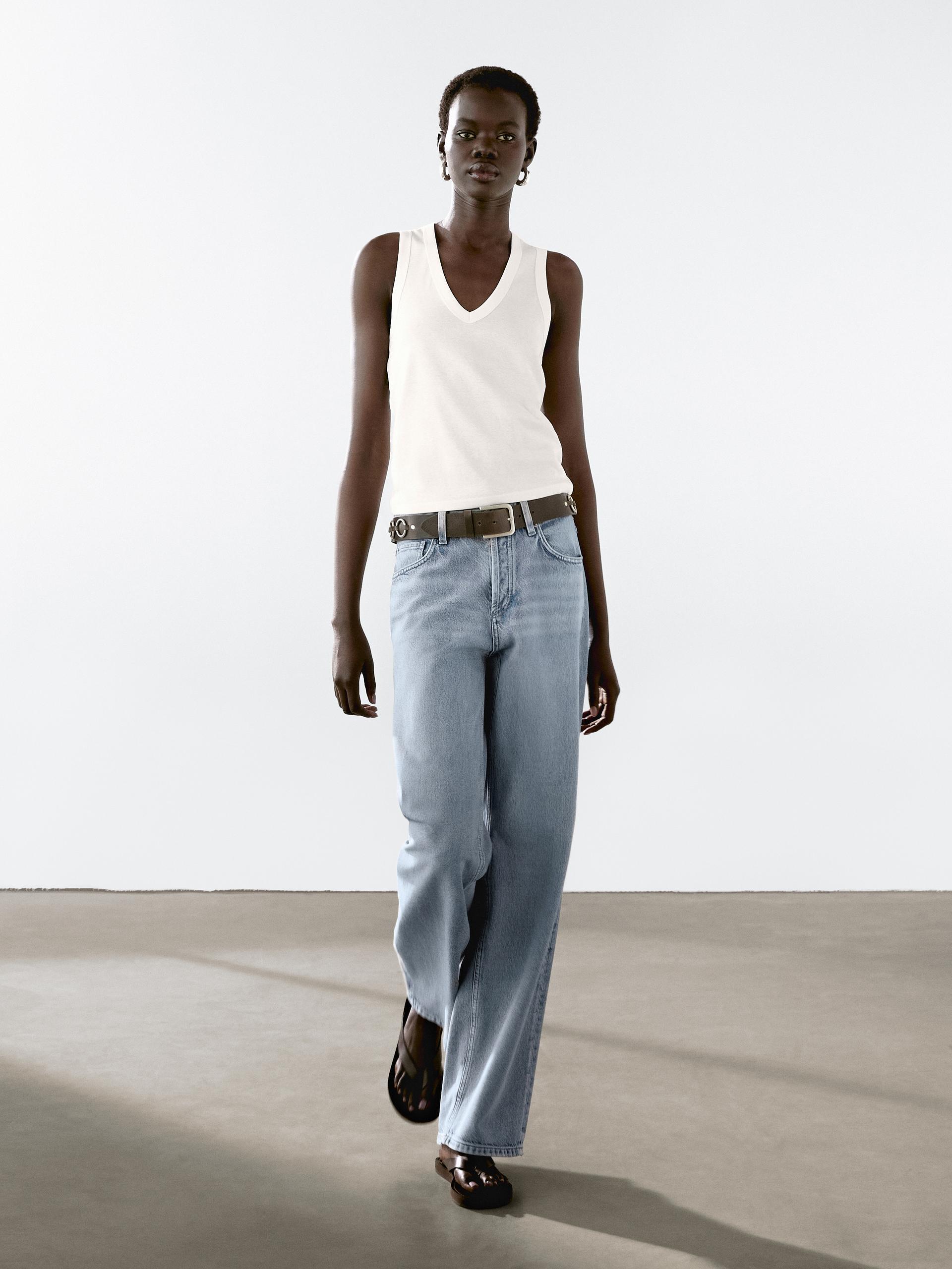 Koszulka Bez Rękawów Z Merceryzowanej Bawełny - Surowy - S - Massimo Dutti - Kobieta