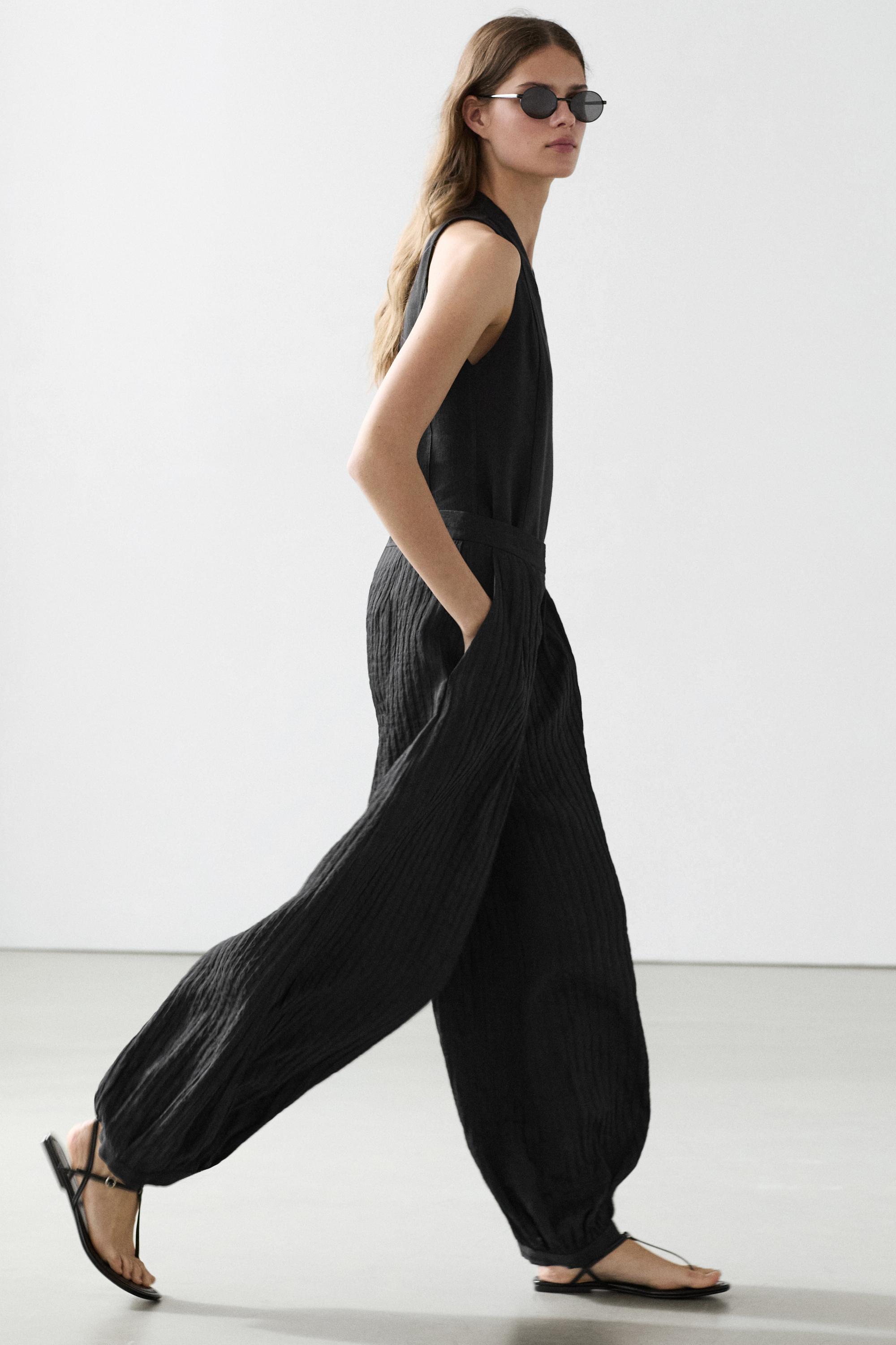 Flowing linen-blend drop crotch pants — BLACK