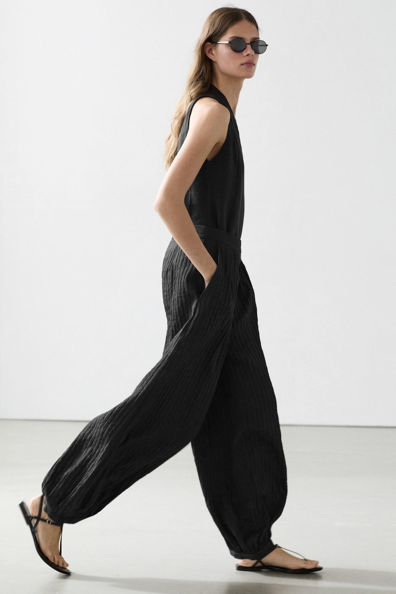 Flowing linen-blend drop crotch pants — BLACK
