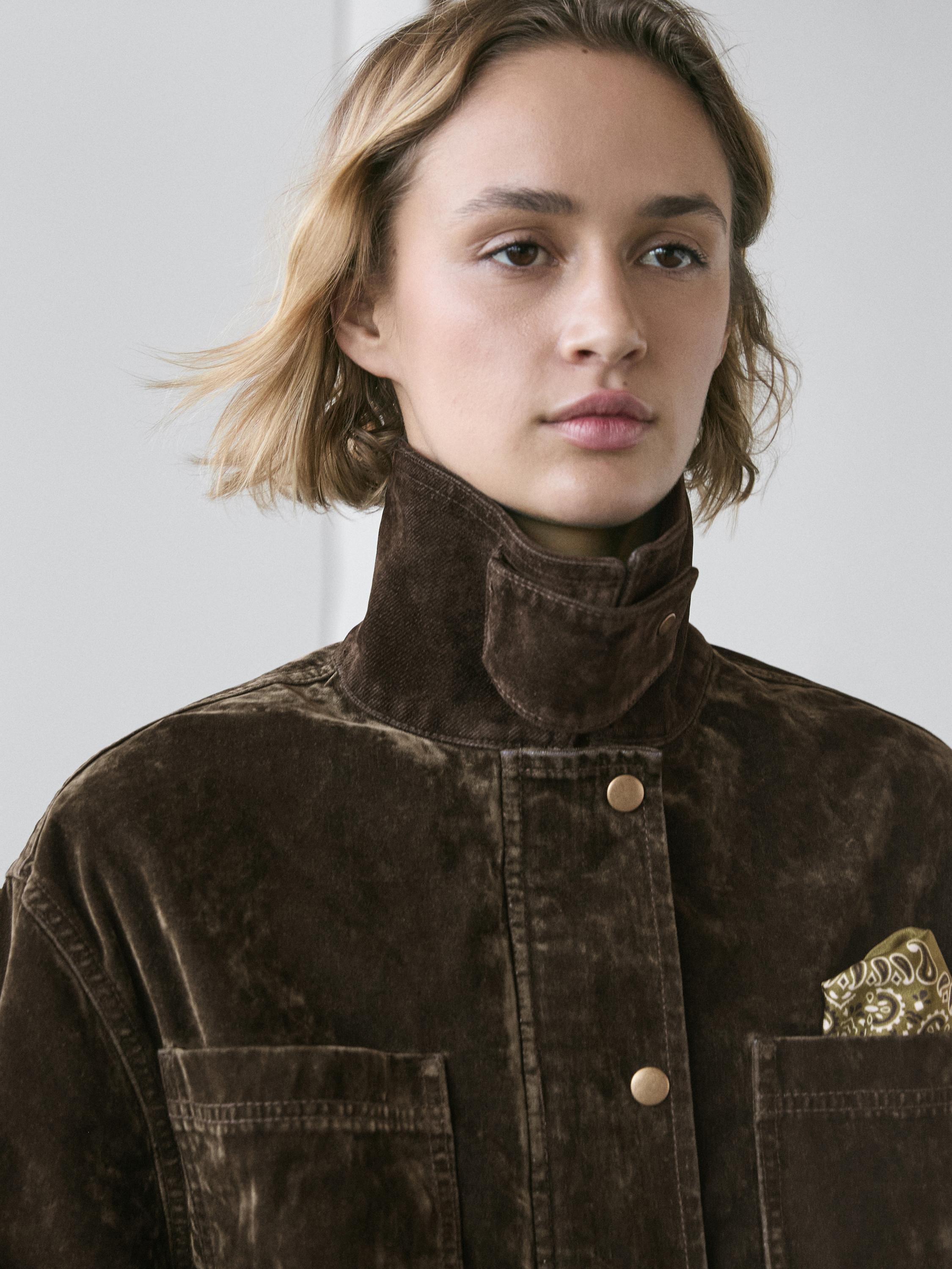 Flocked denim jacket with collar detail — KHAKI