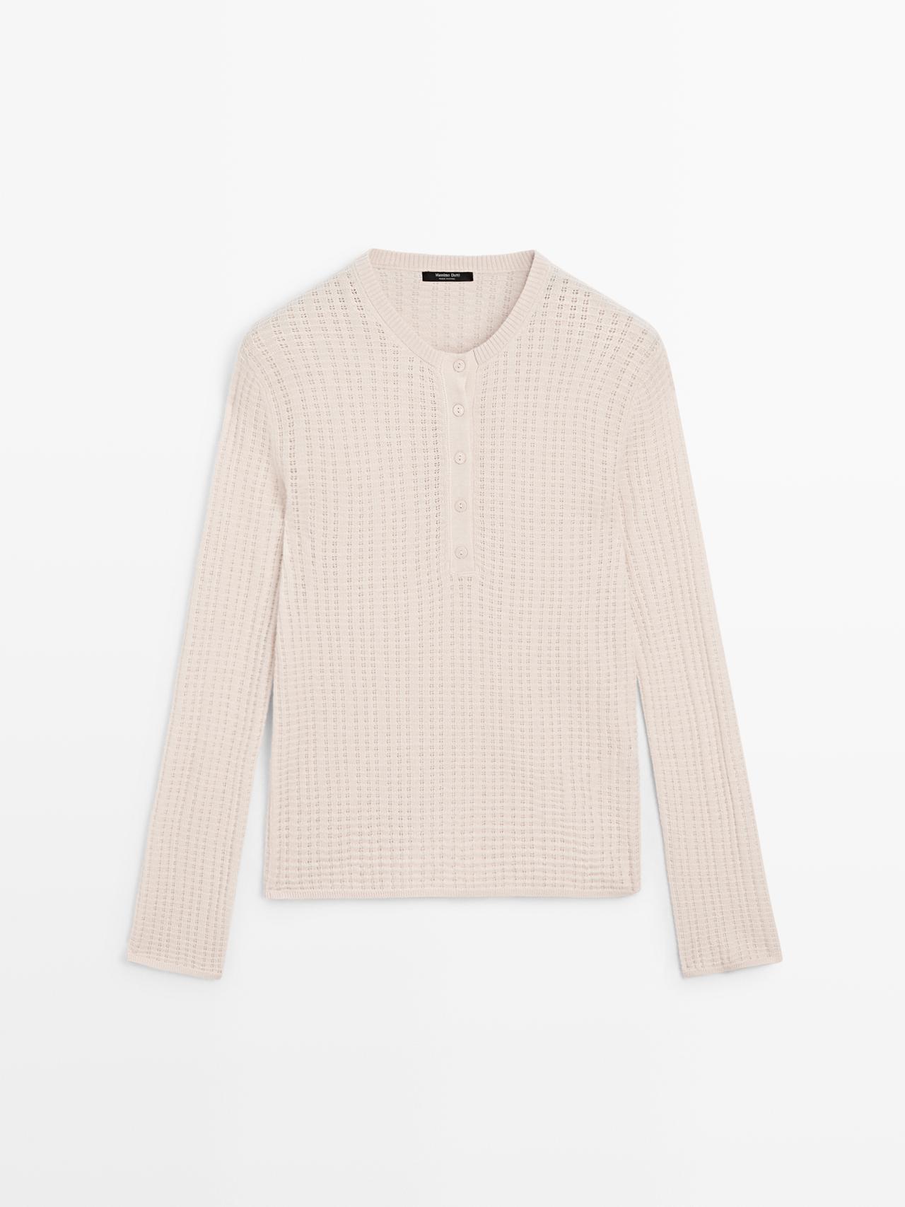 Massimo Dutti - Dames - Opengewerkte Gebreide Trui Met Wol En Polosluiting - Ecru - M