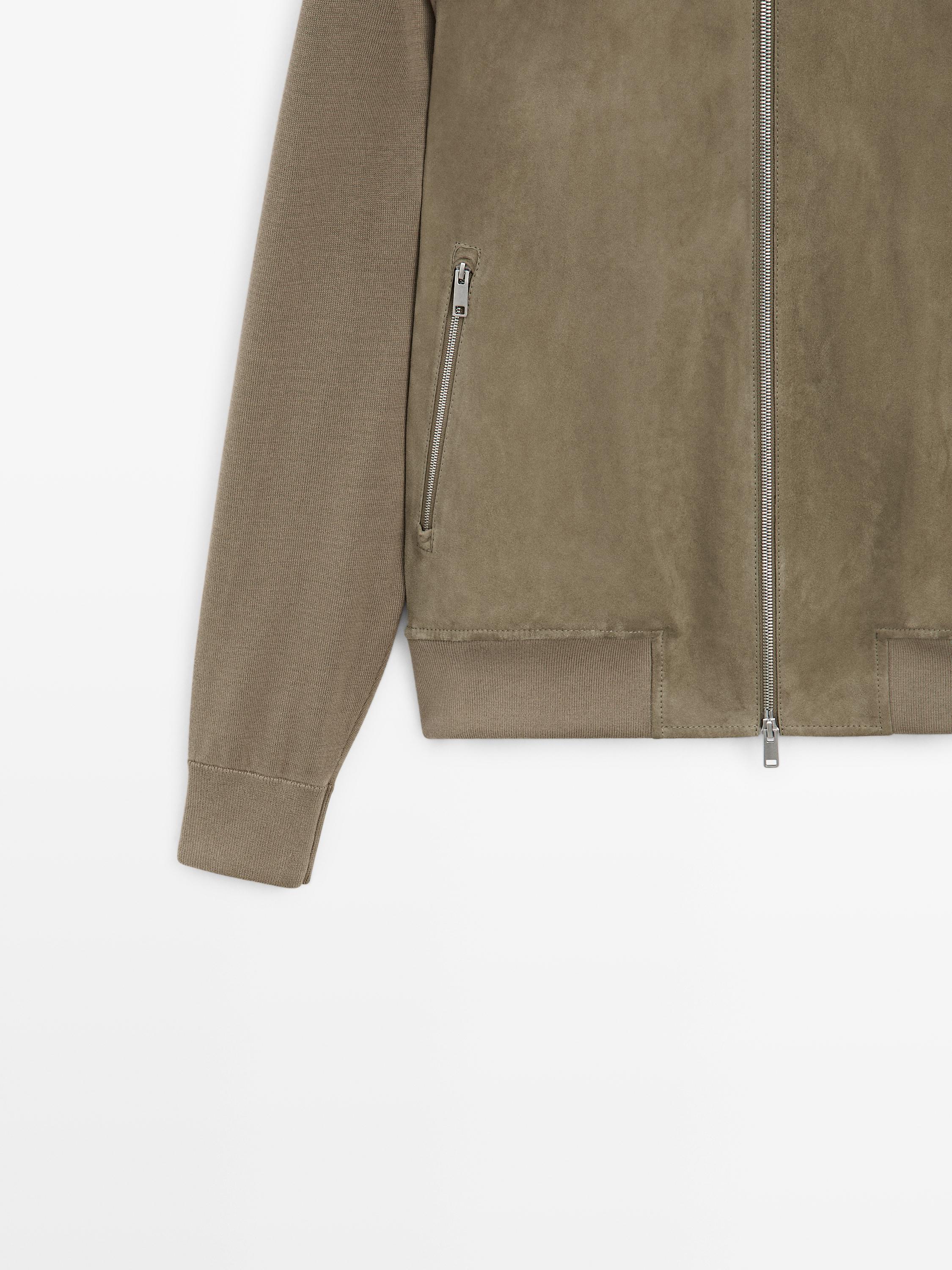 Contrast knit and suede leather jacket — PALE KHAKI (alternate view)