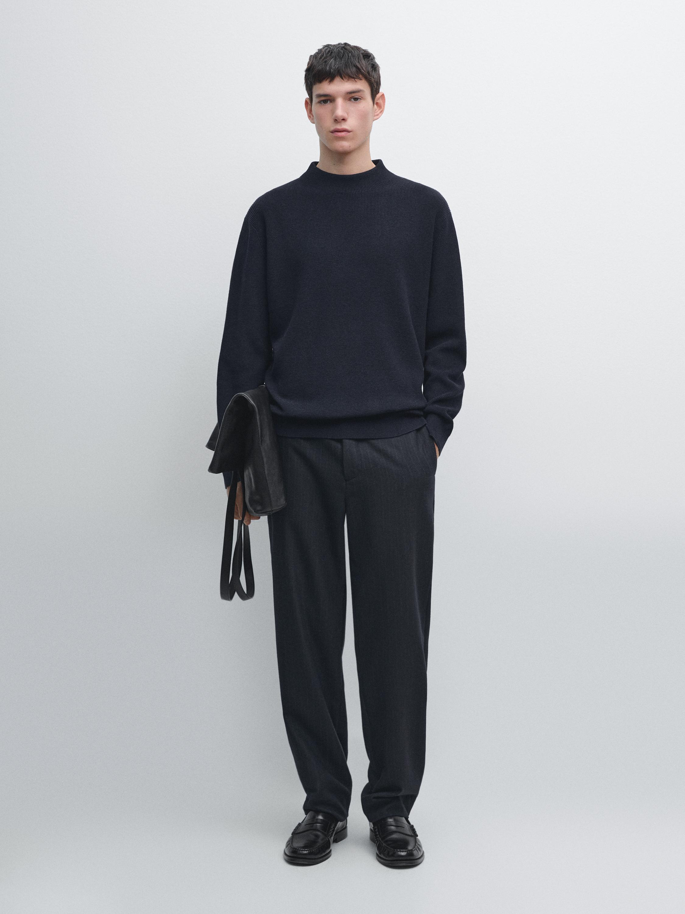Cotton blend knit sweater with mock turtleneck — NAVY BLUE