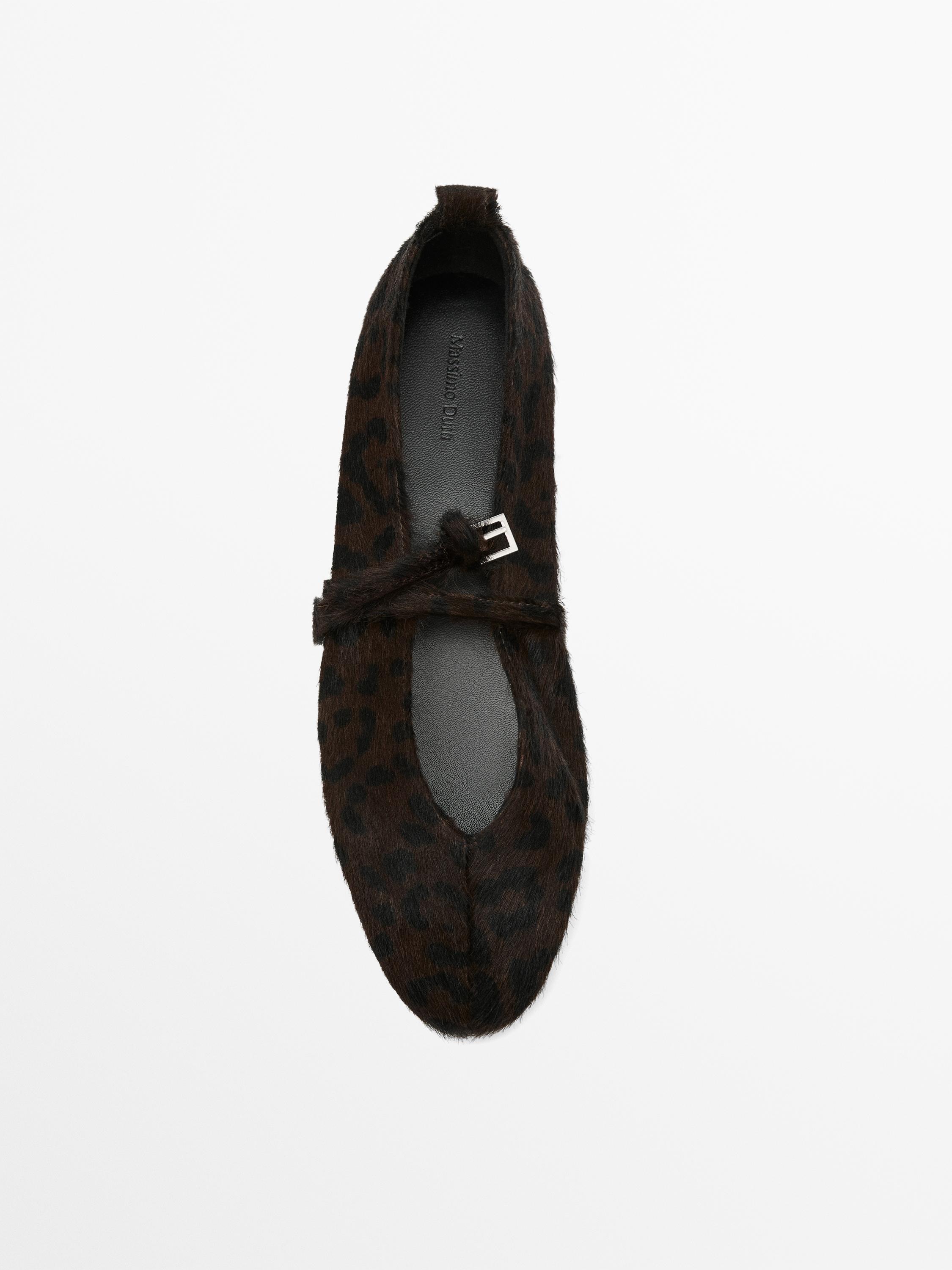 Printed faux fur ballet flats