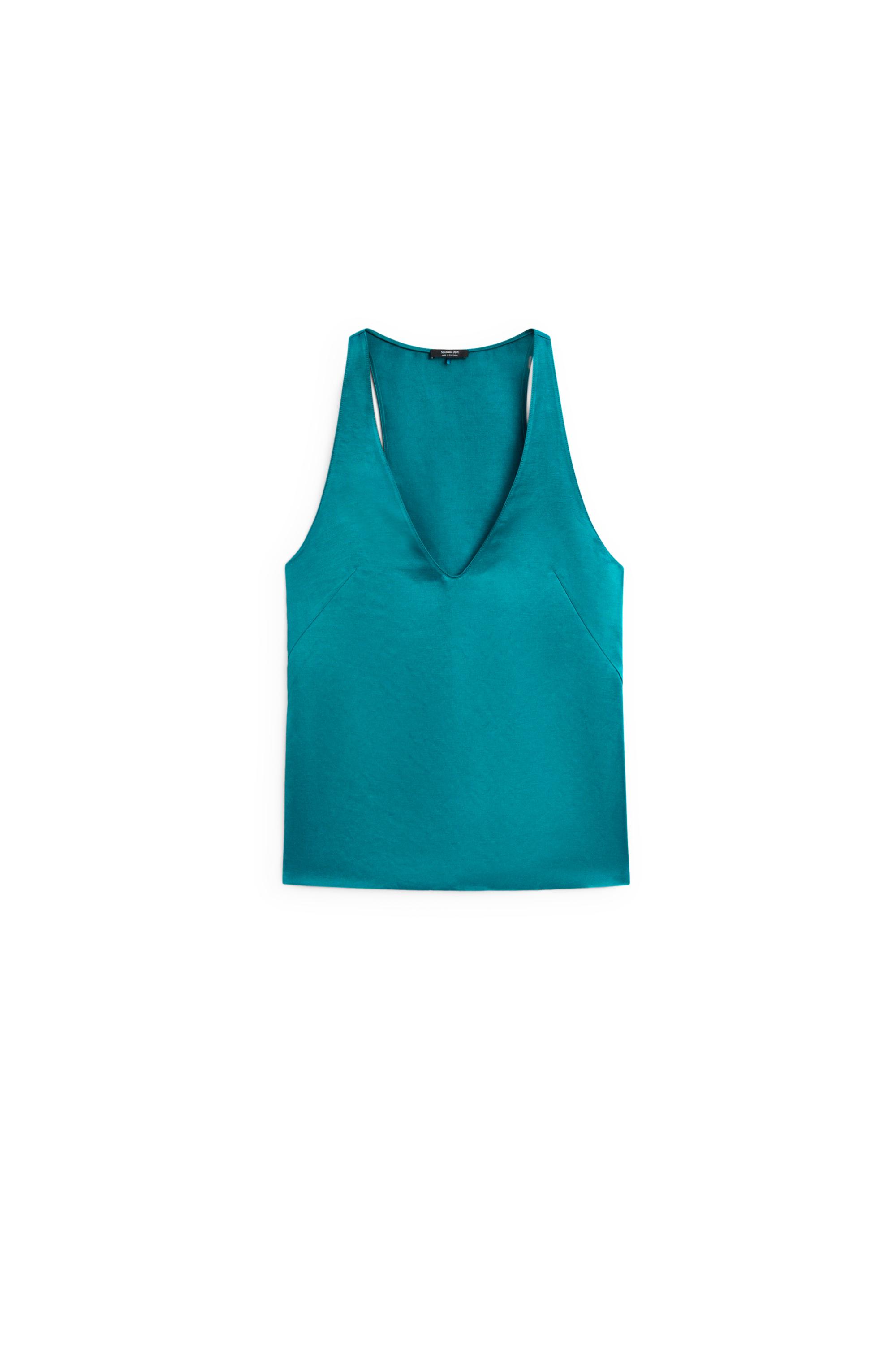 Satin linen blend V-neck top — TURQUOISE