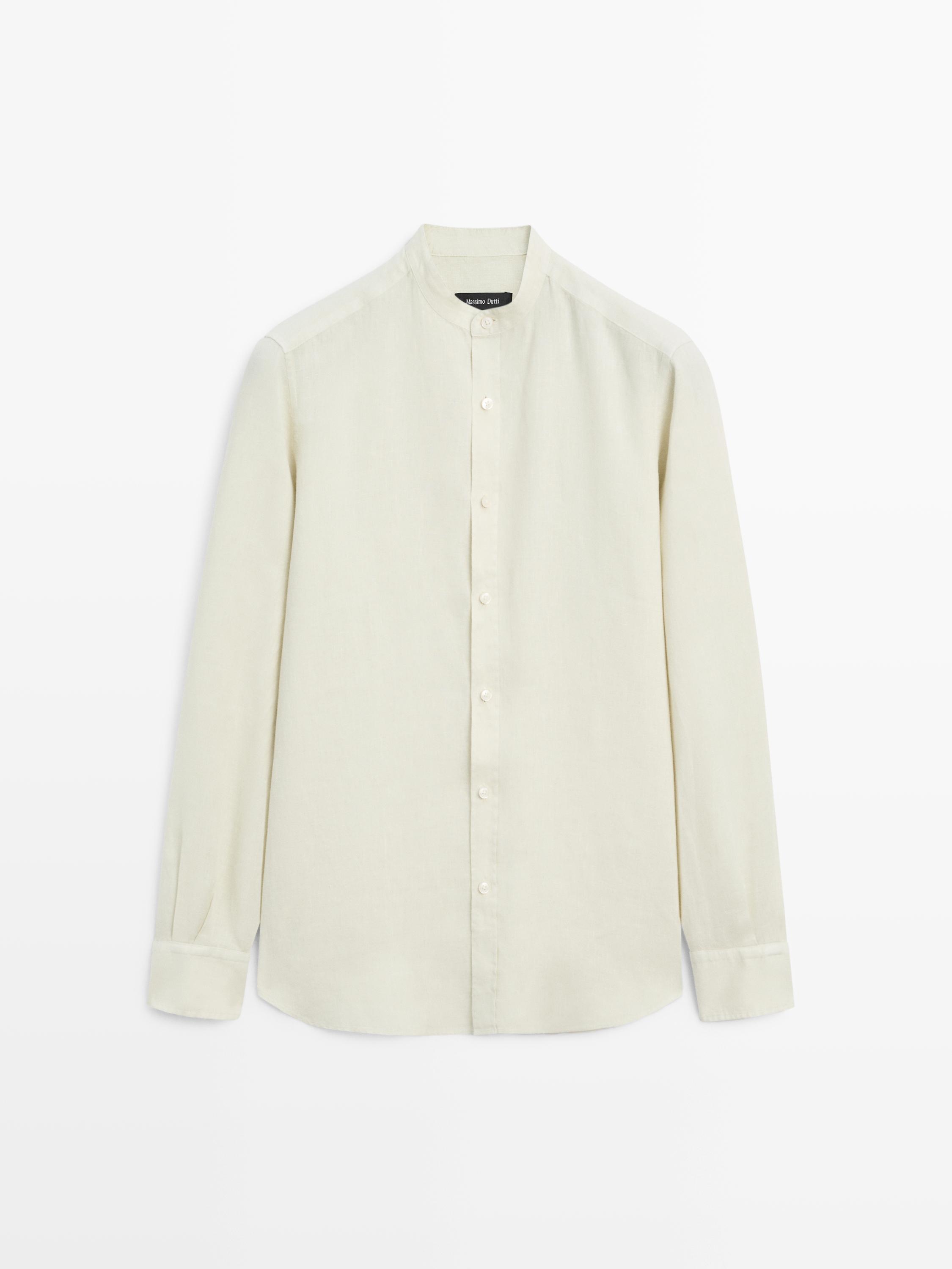 Front view of a tortoiseshell-colored shirt, mandarin collar, slim fit, with a central button placket and long sleeves.