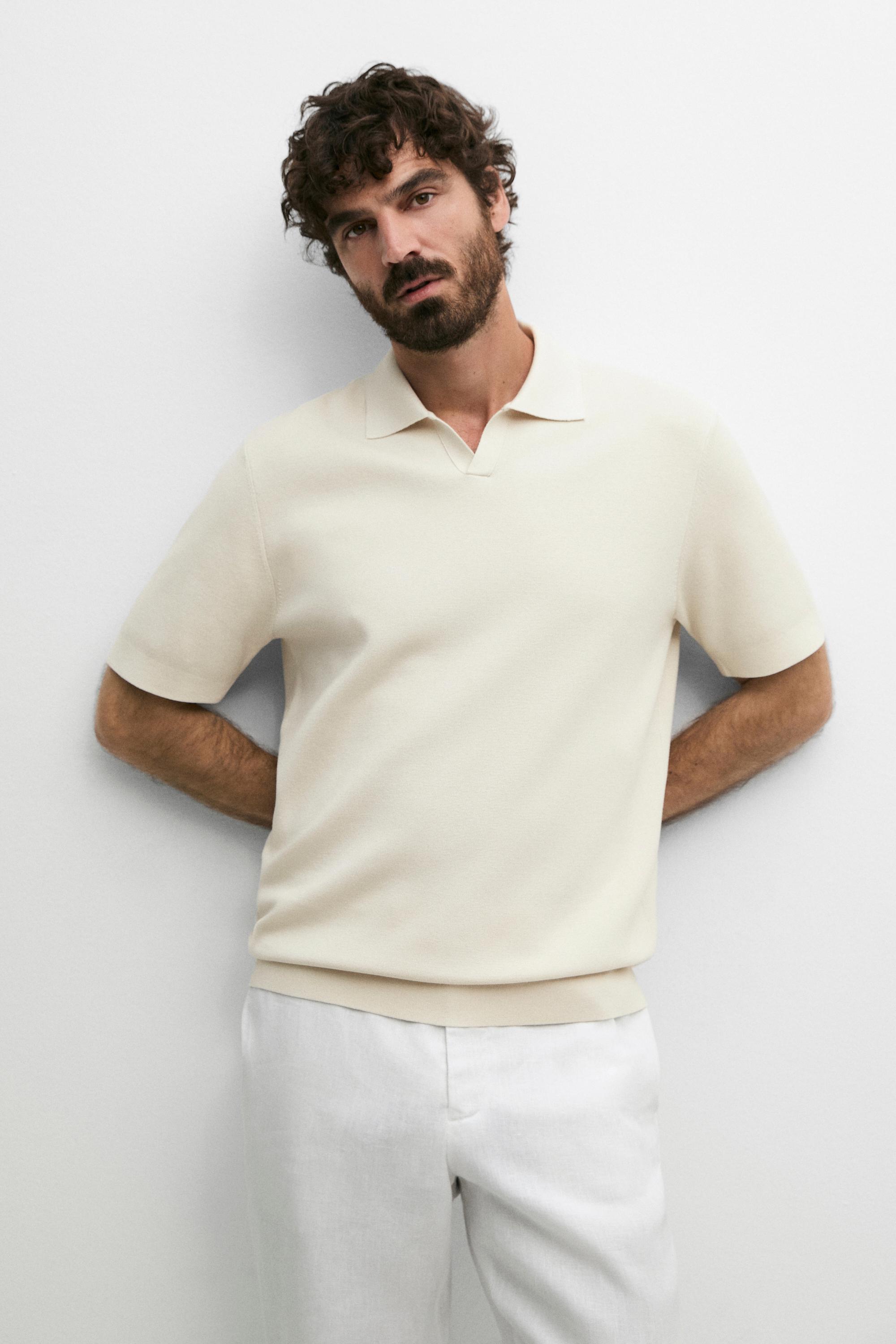 Flowing cotton blend knit polo shirt — CREAM