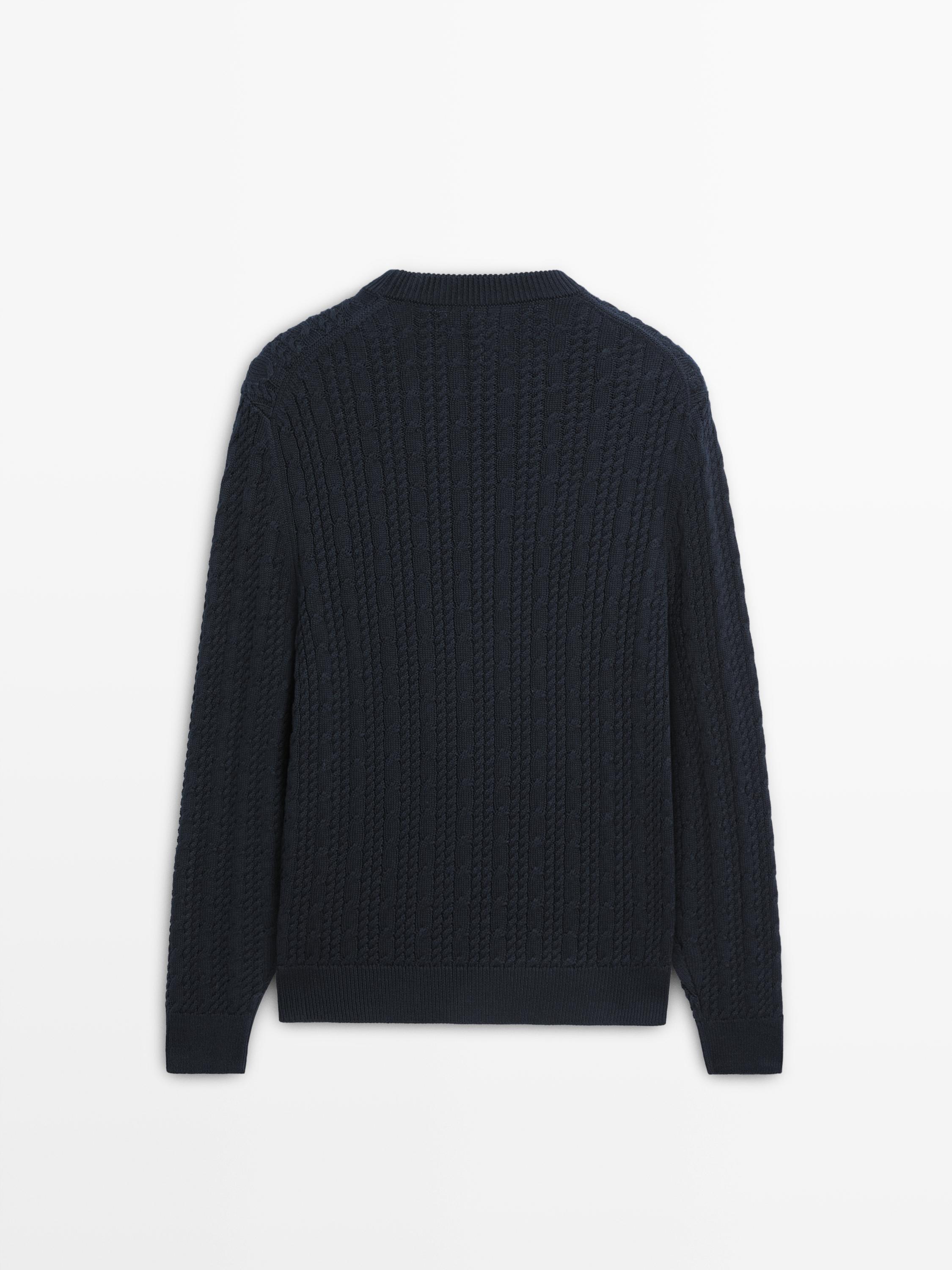 Cable-knit 100% cotton sweater with crew neck — NAVY BLUE