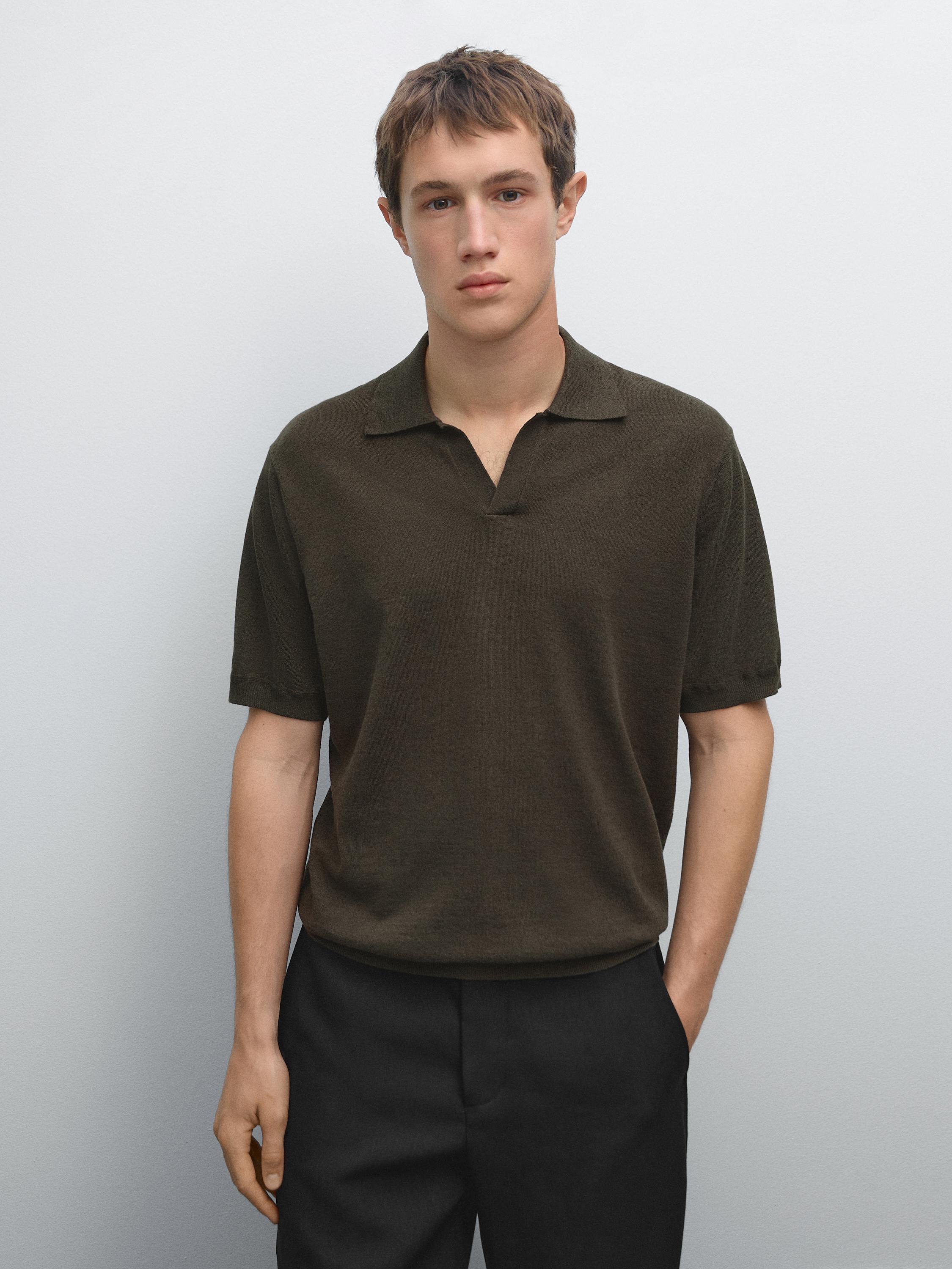 Linen blend knit V-neck polo shirt