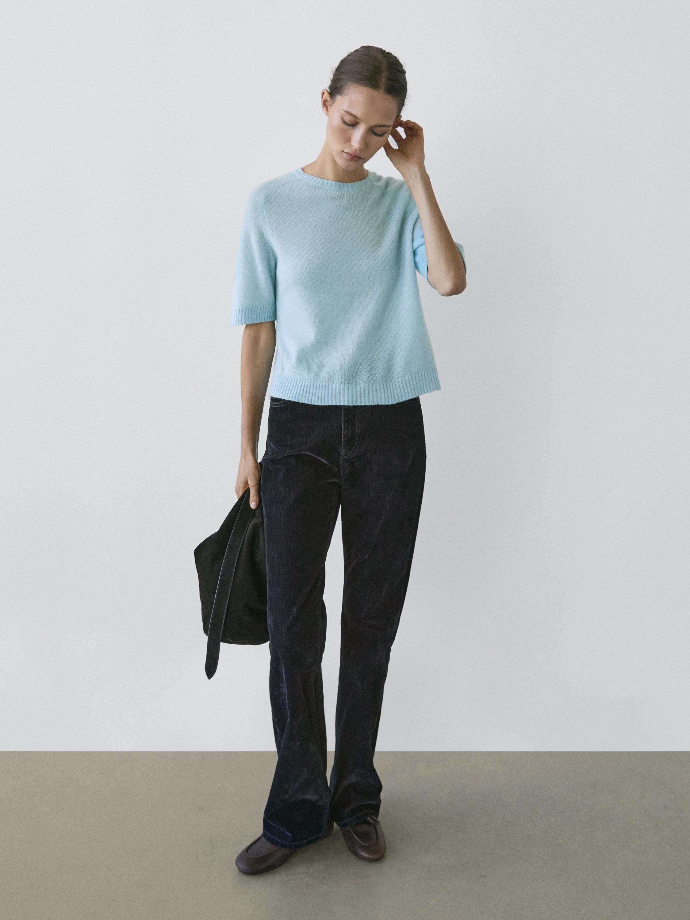 High-waist boot-cut flocked jeans — Misty blue
