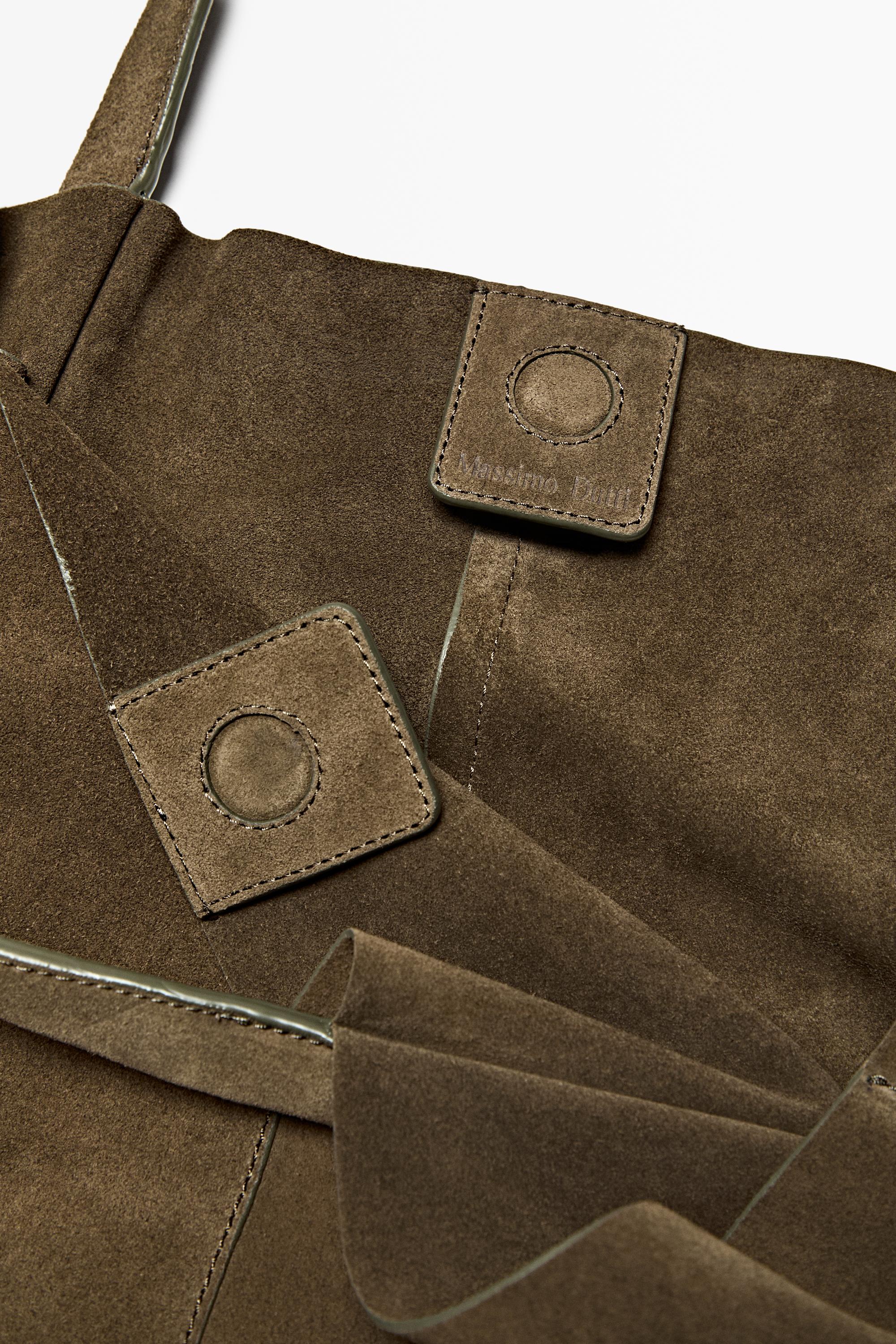 Split suede leather tote bag — KHAKI