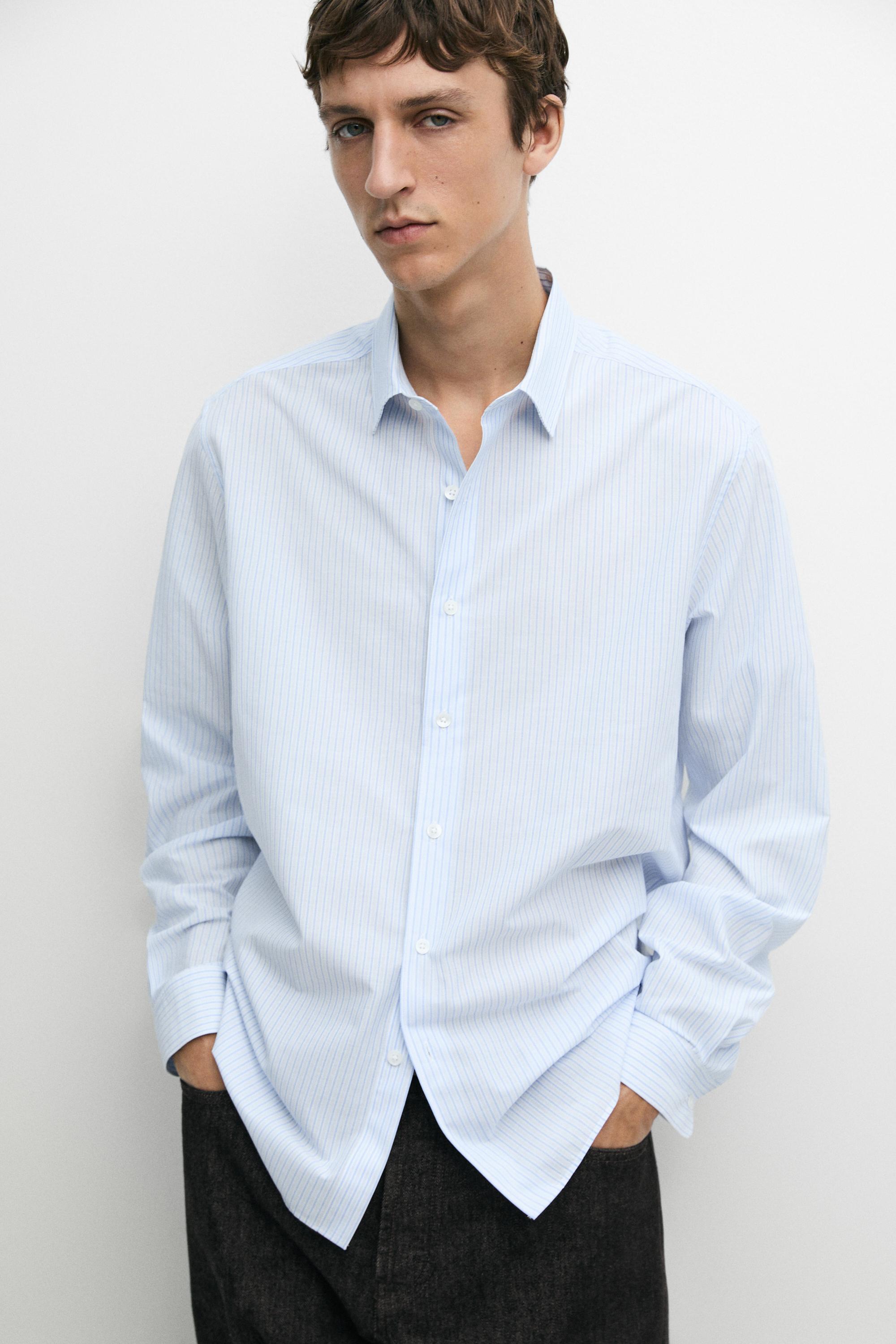Camisa regular fit às riscas 100% algodão