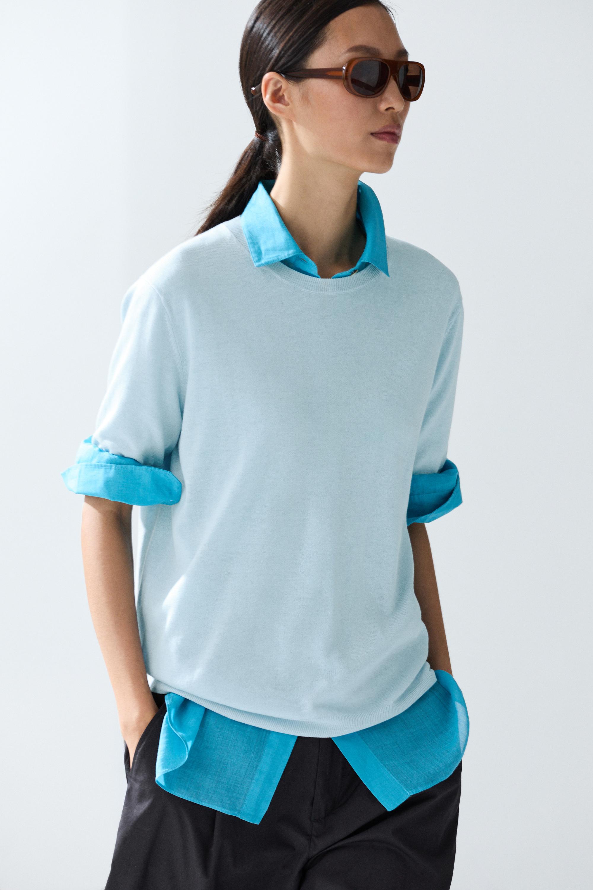 Short sleeve fine-knit wool-blend sweater