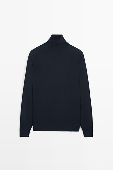 Cotton blend high neck knit sweater — NAVY BLUE 2