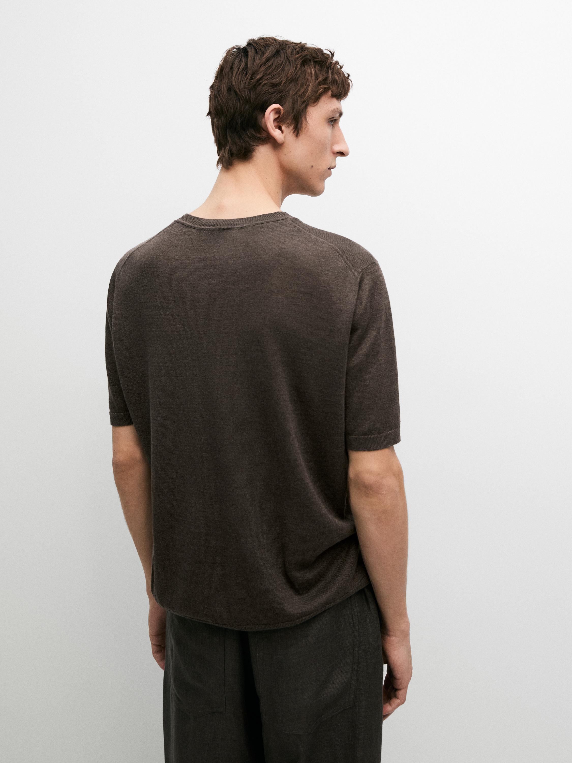 Lightweight 100% linen knit T-shirt — BROWN
