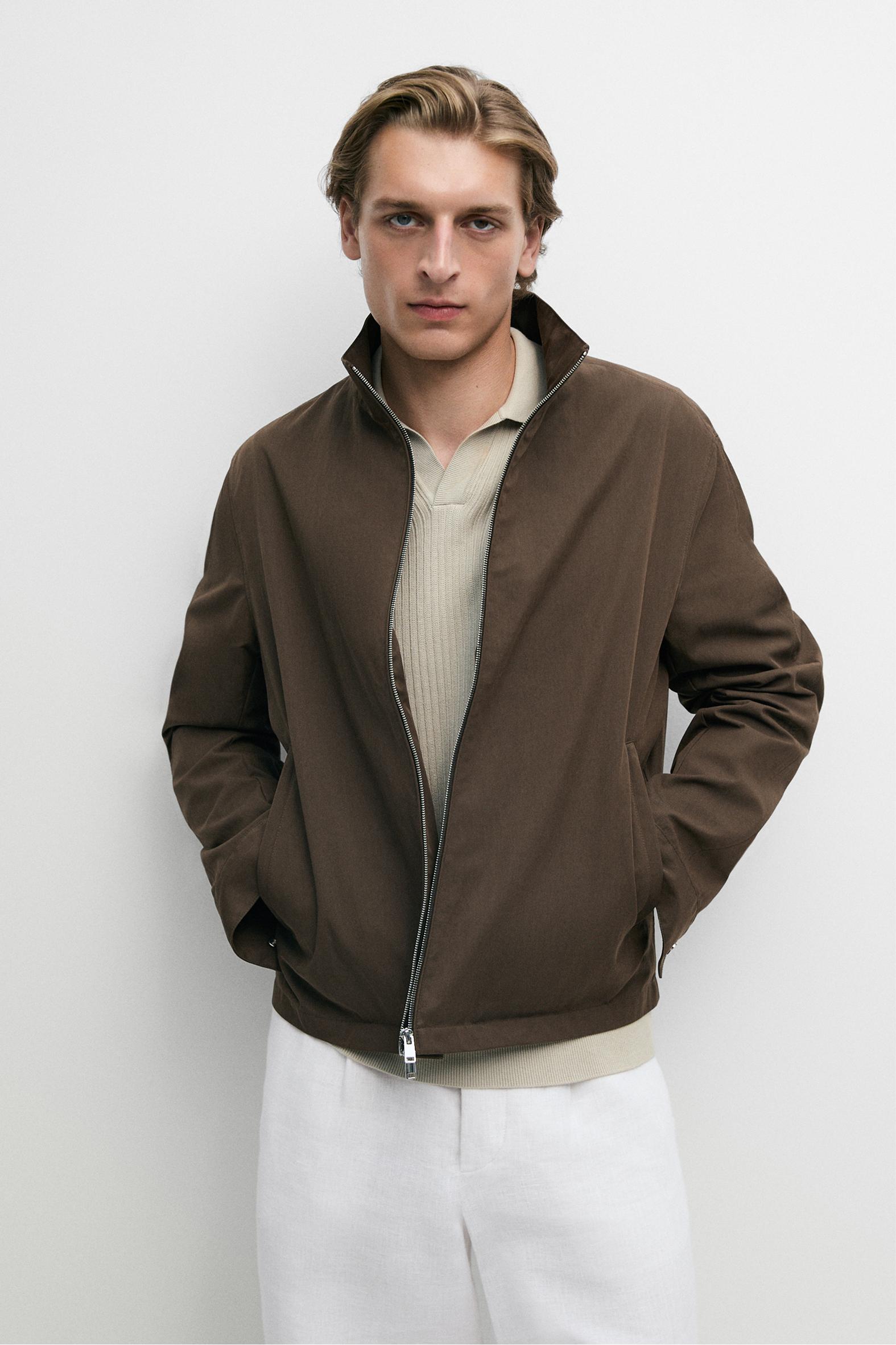 Cotton blend high-neck jacket — Chocolate