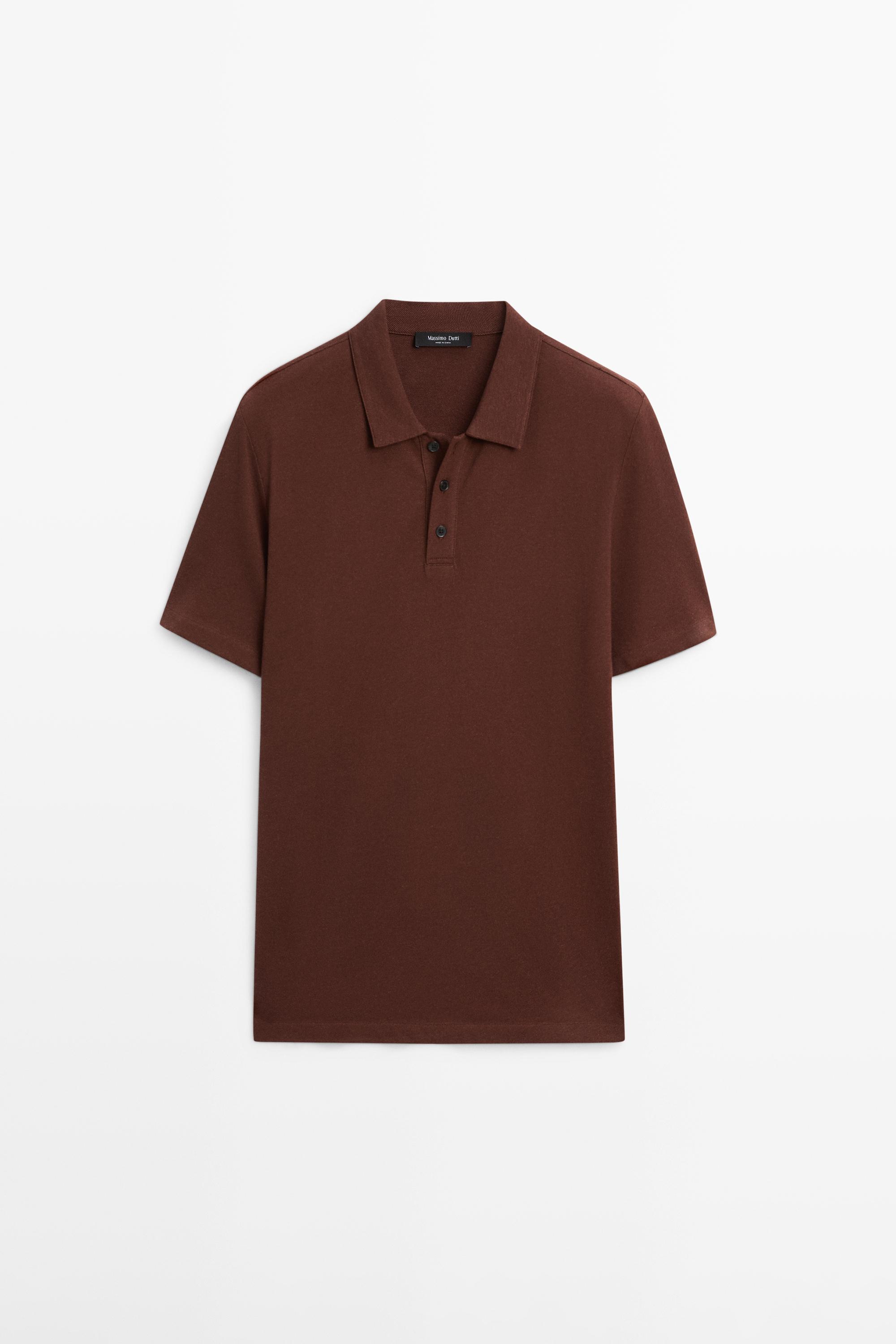 Micro-textured cotton blend polo shirt — Russet Brown
