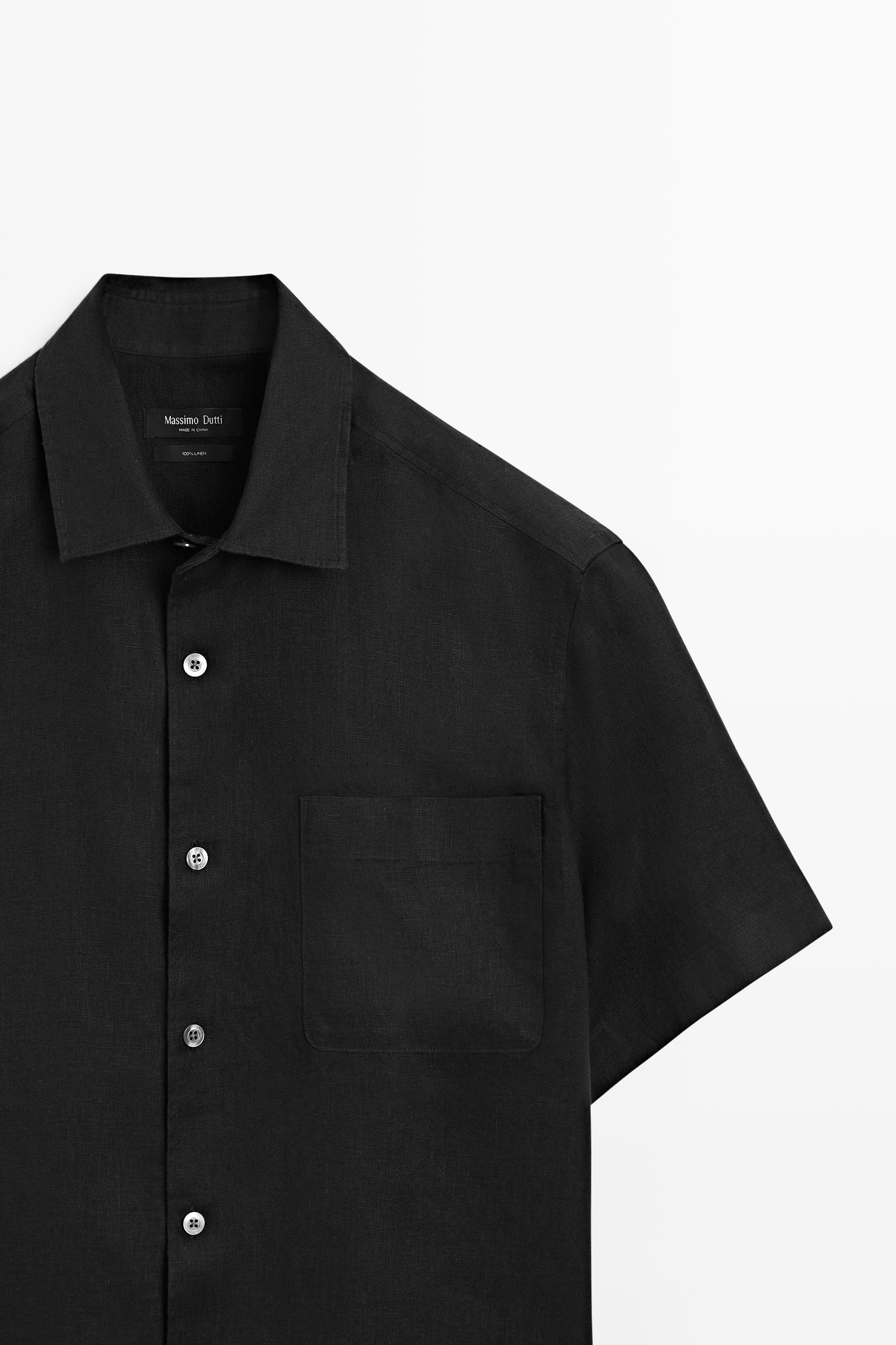 100% linen regular fit short sleeve shirt — BLACK