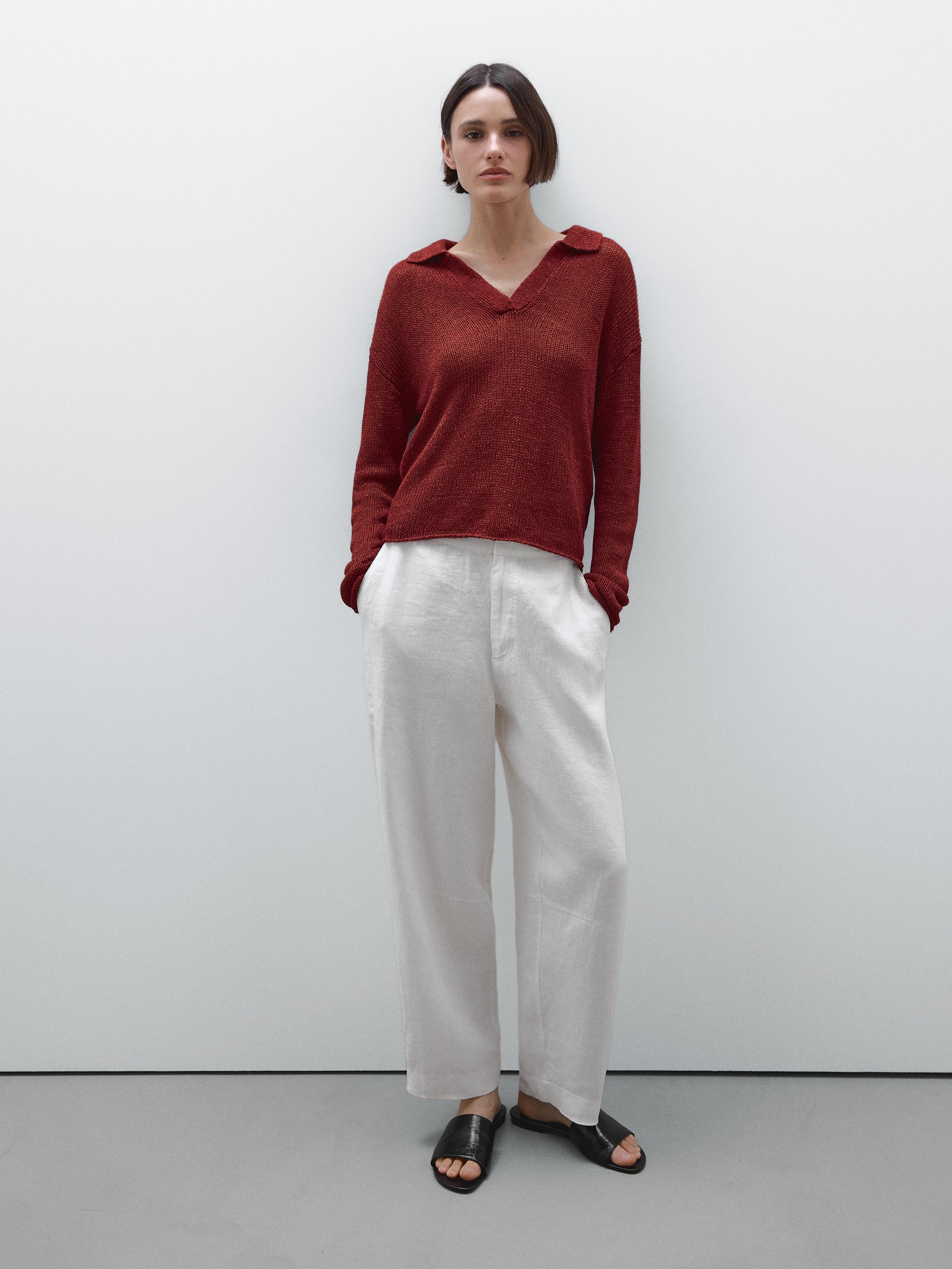 100% linen knit polo collar sweater