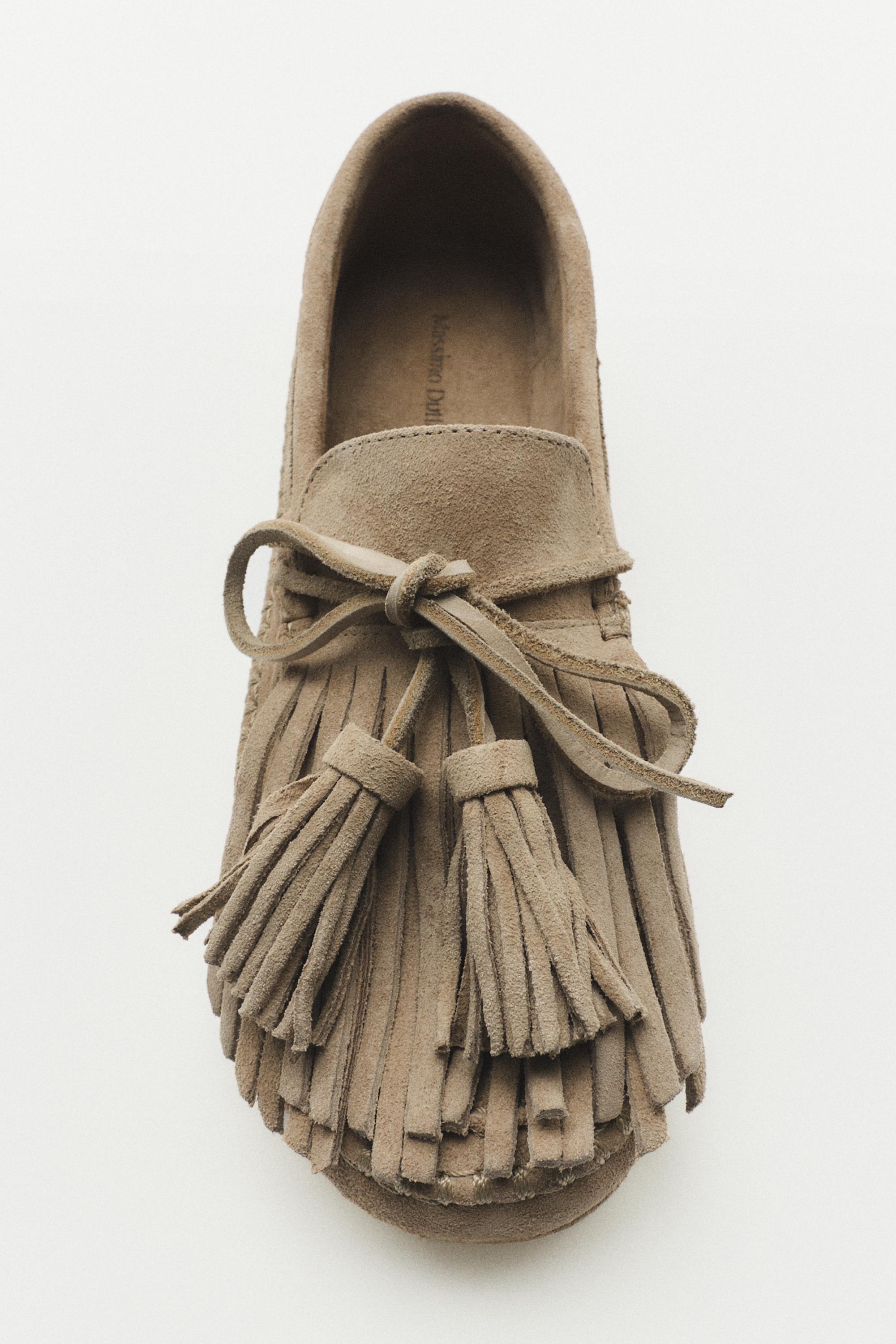 Leather loafers with fringing and tassels — BEIGE