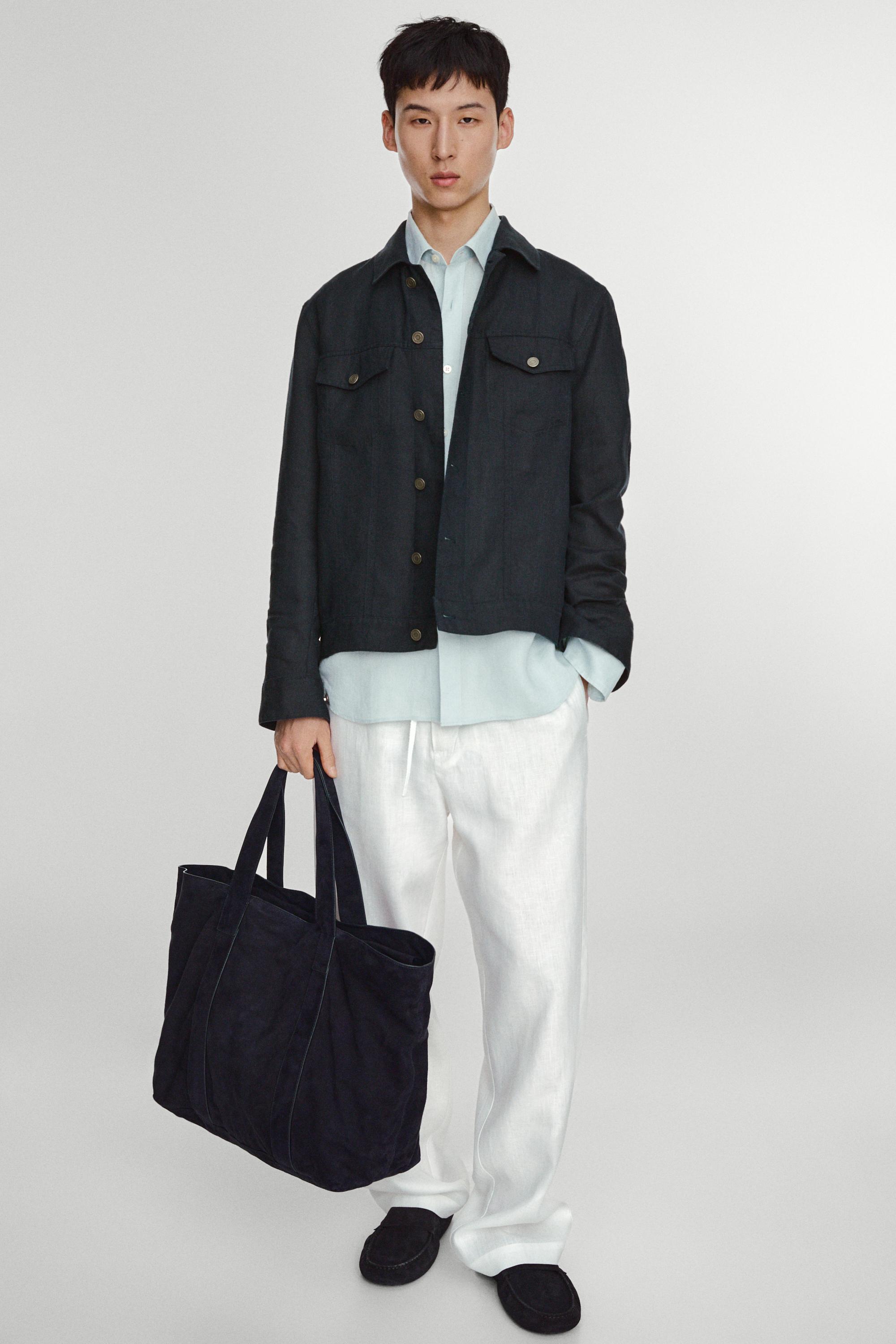 Split suede leather tote bag — NAVY BLUE