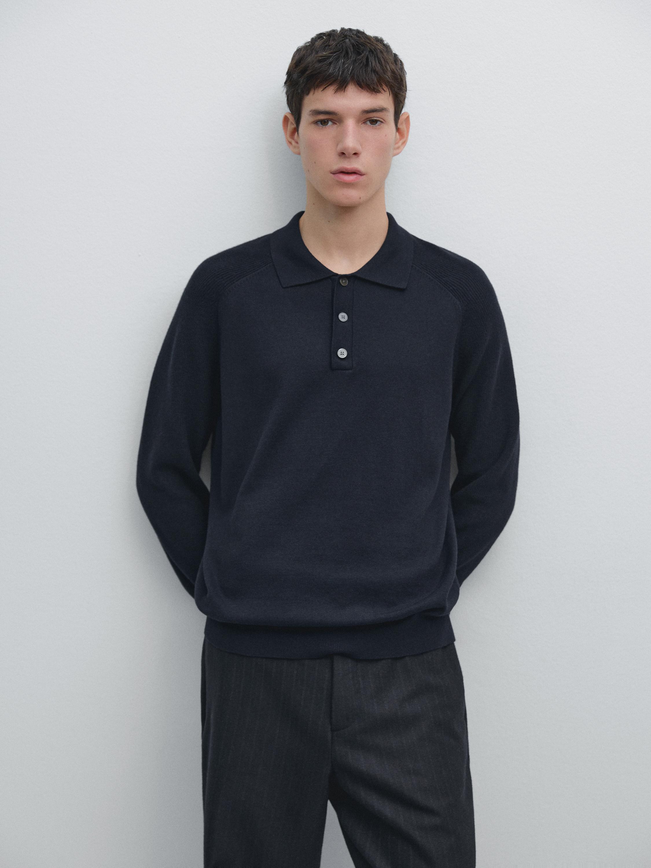 Cotton blend knit polo sweater — NAVY BLUE