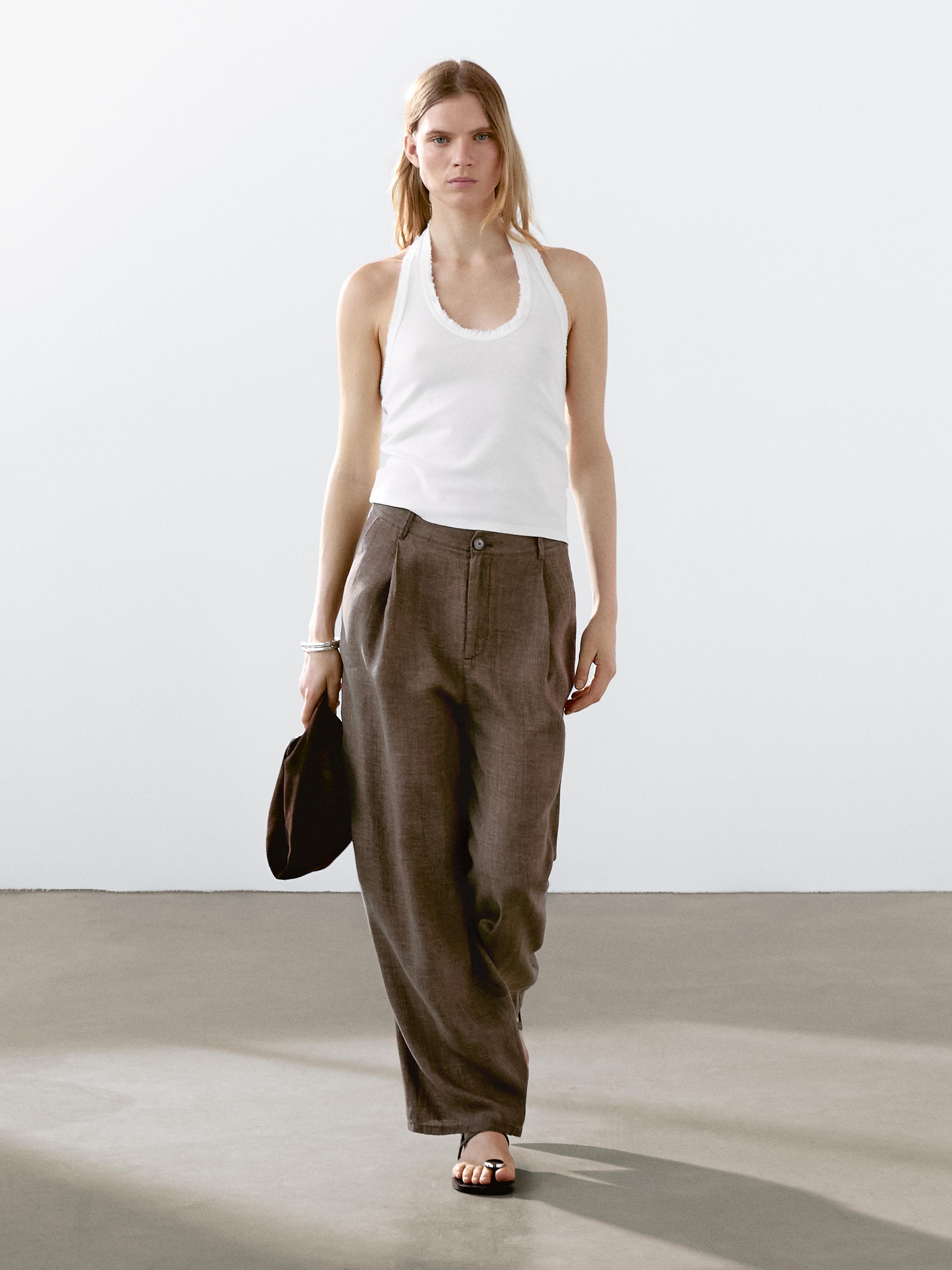 100% linen wide-leg trousers