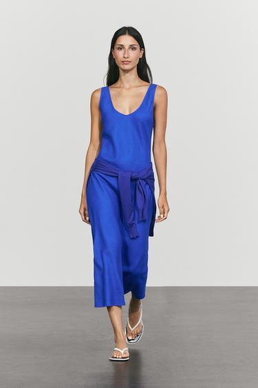 100% linen strap midi dress — Electric blue 1