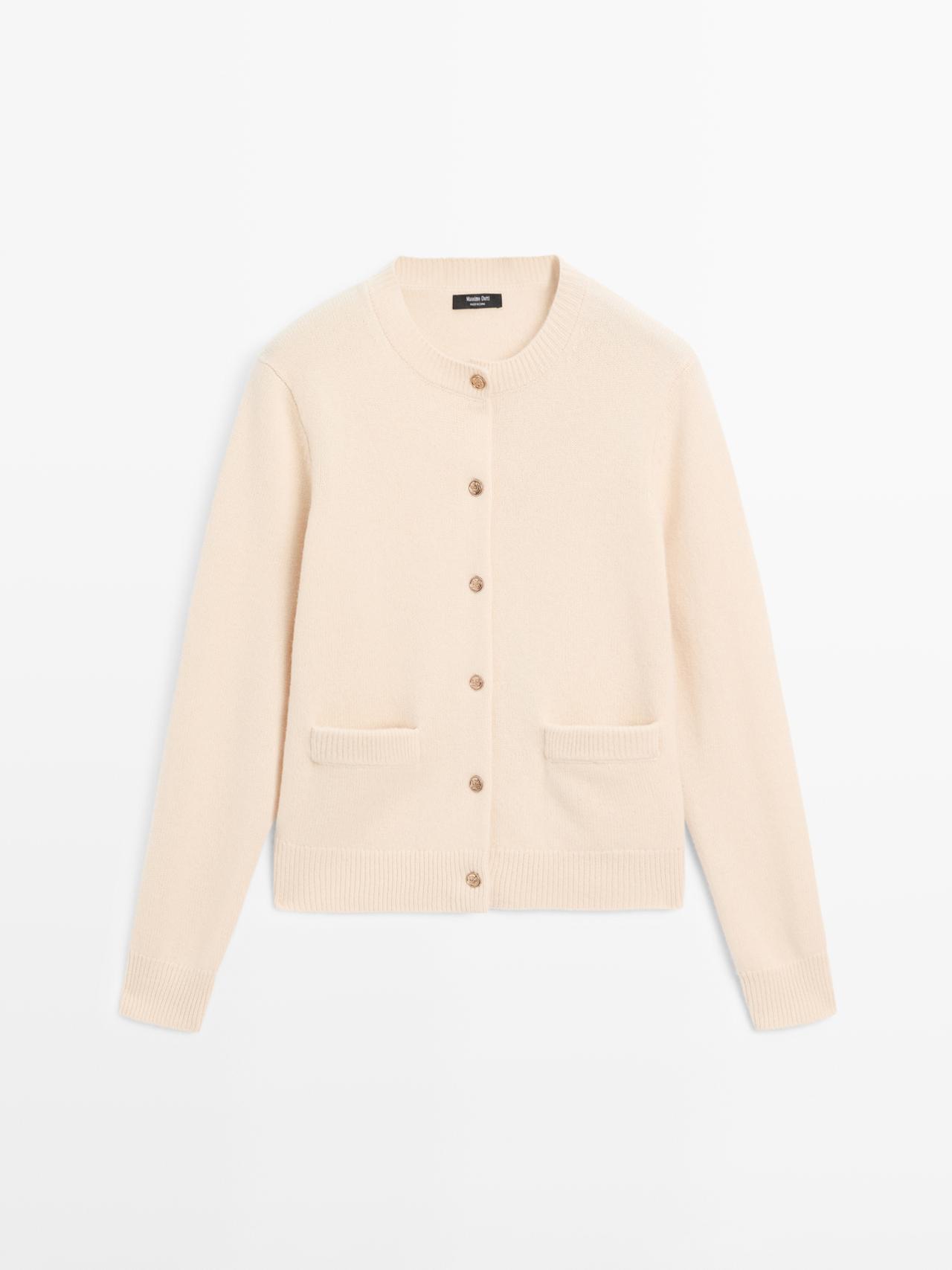Massimo Dutti - Dame - Cardigan I Strik Med Guldknapper - Beige - Xs