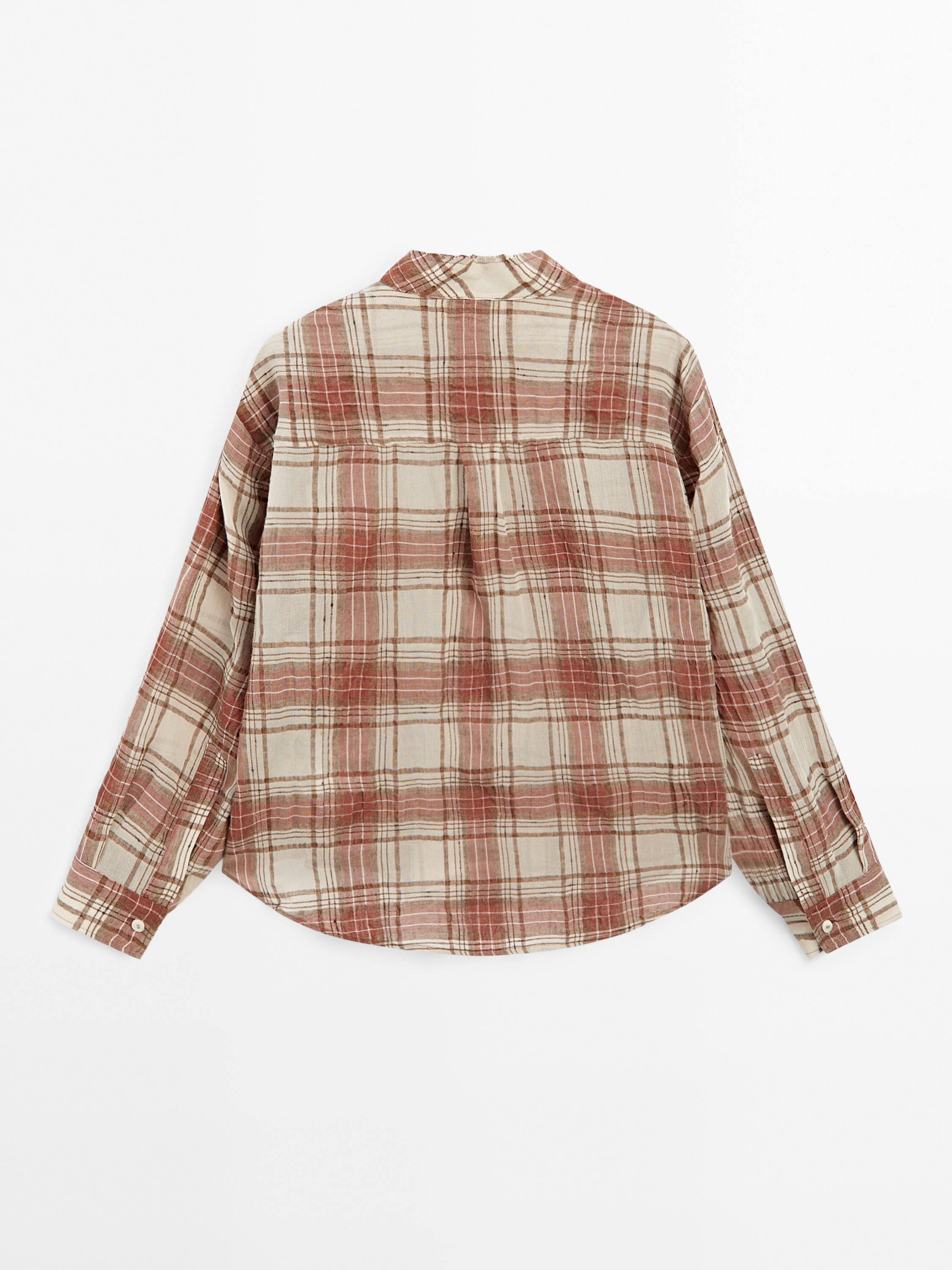 Oversized checked shirt with stand collar