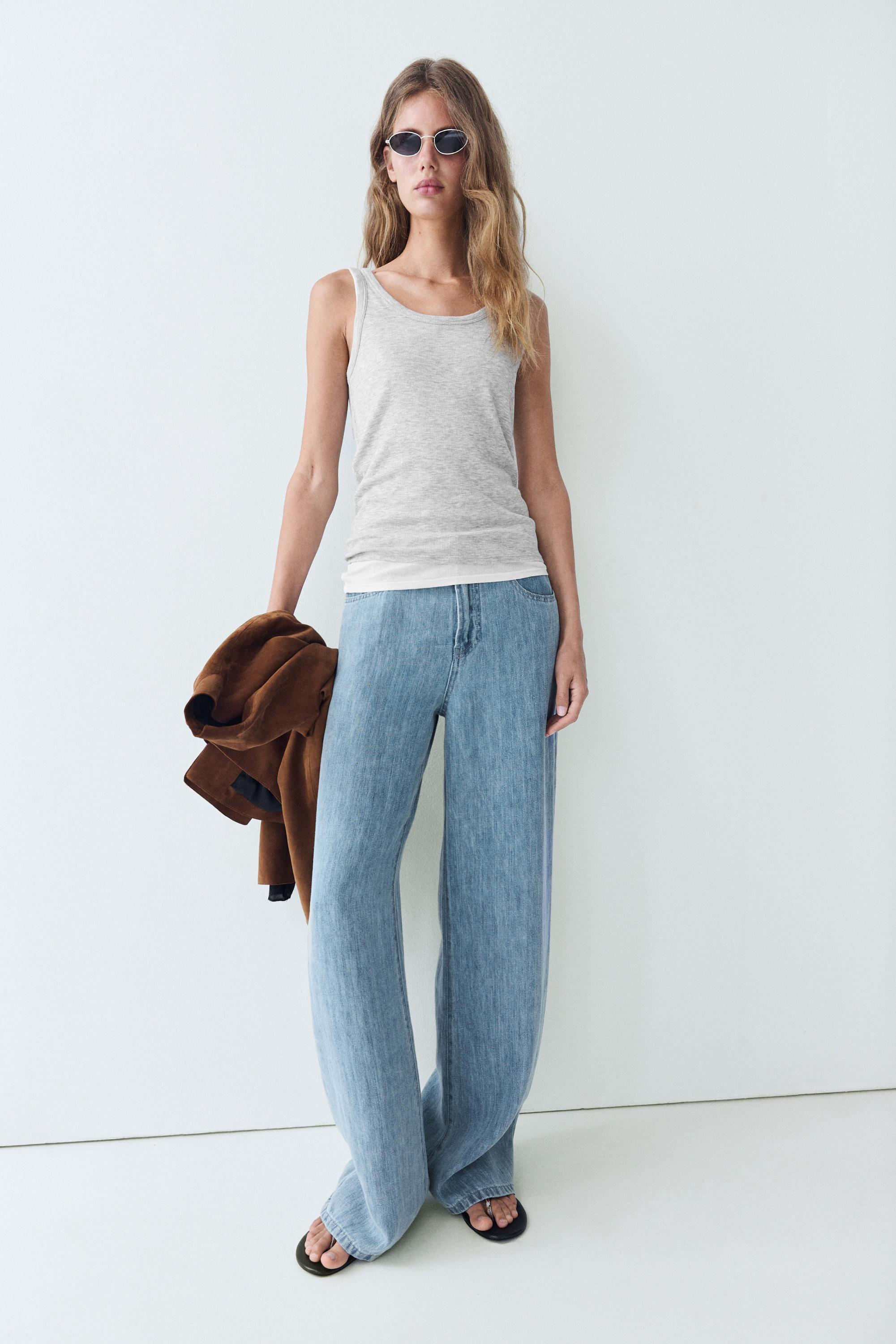 Cotton blend ribbed double-layer top — GREY