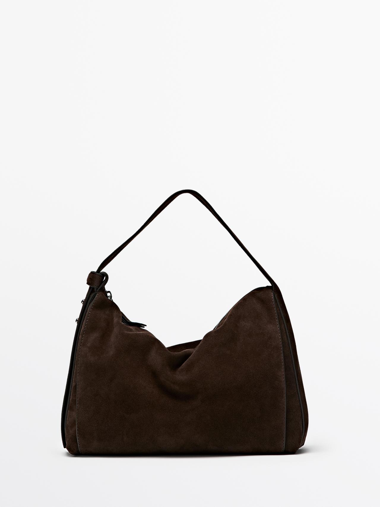 Massimo Dutti - Dames - Grote Splitsuède Schoudertas - Bruin - 01