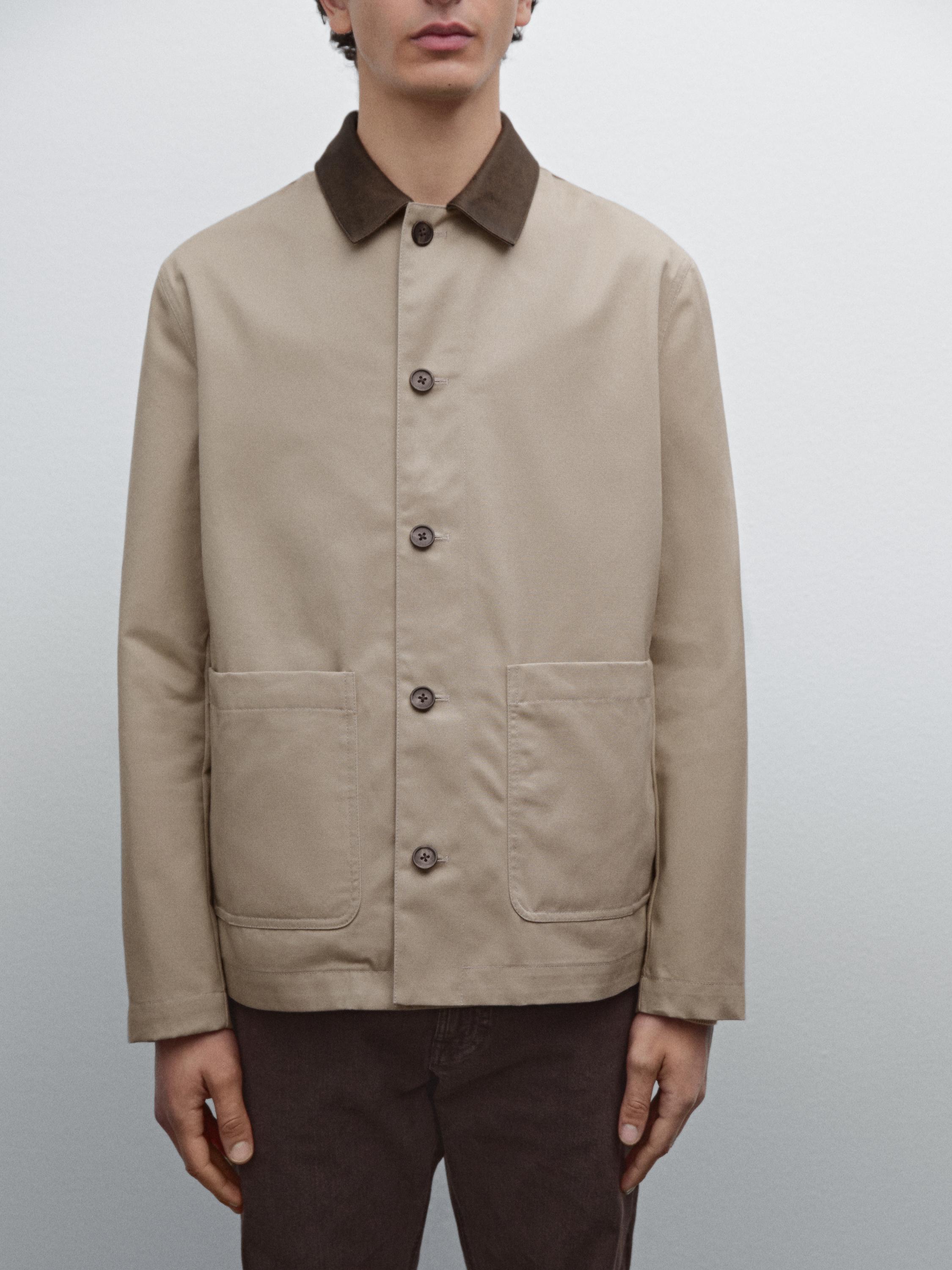 Short jacket with leather collar detail