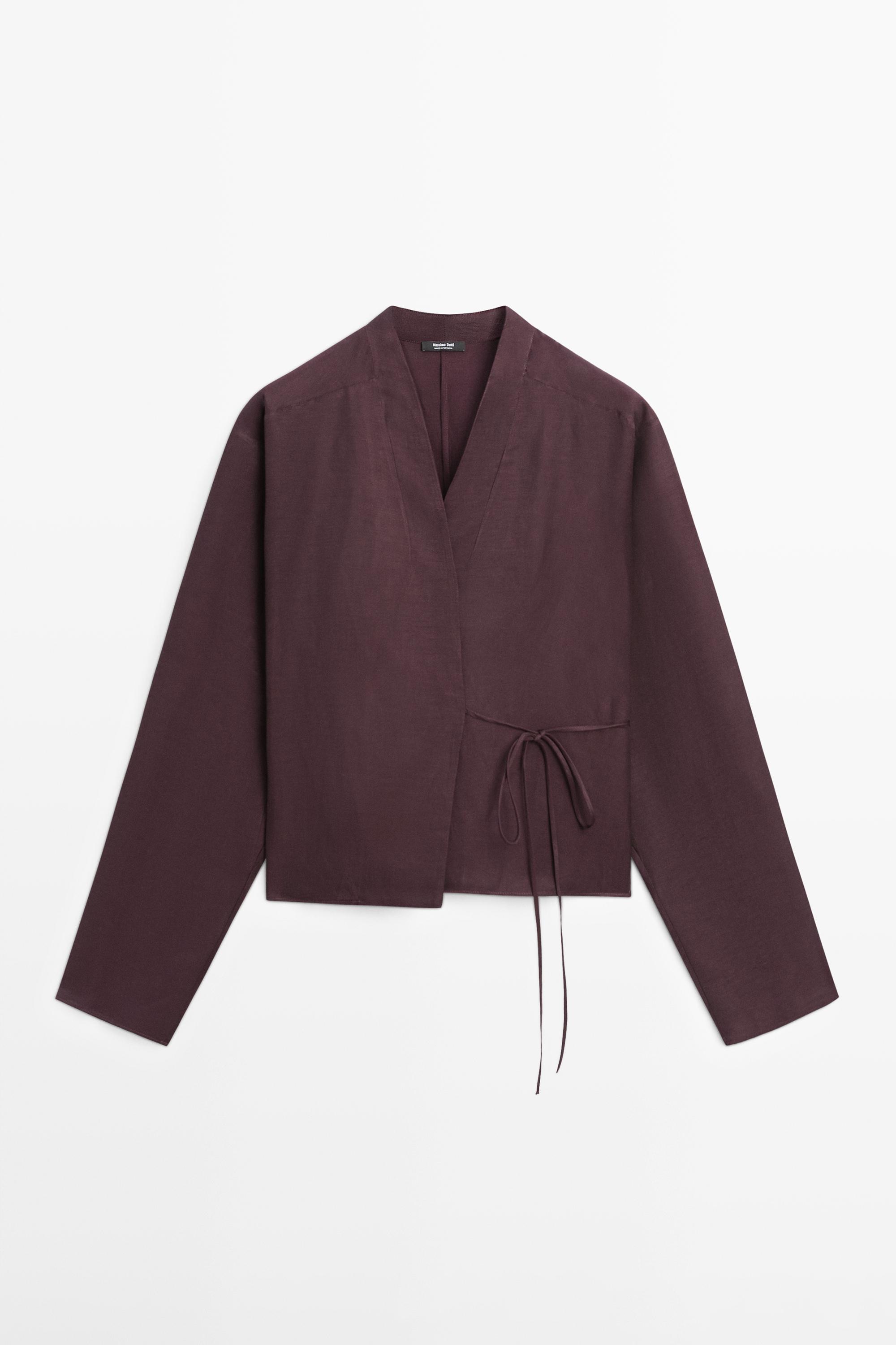 Linen blend shirt with bow detail — AUBERGINE