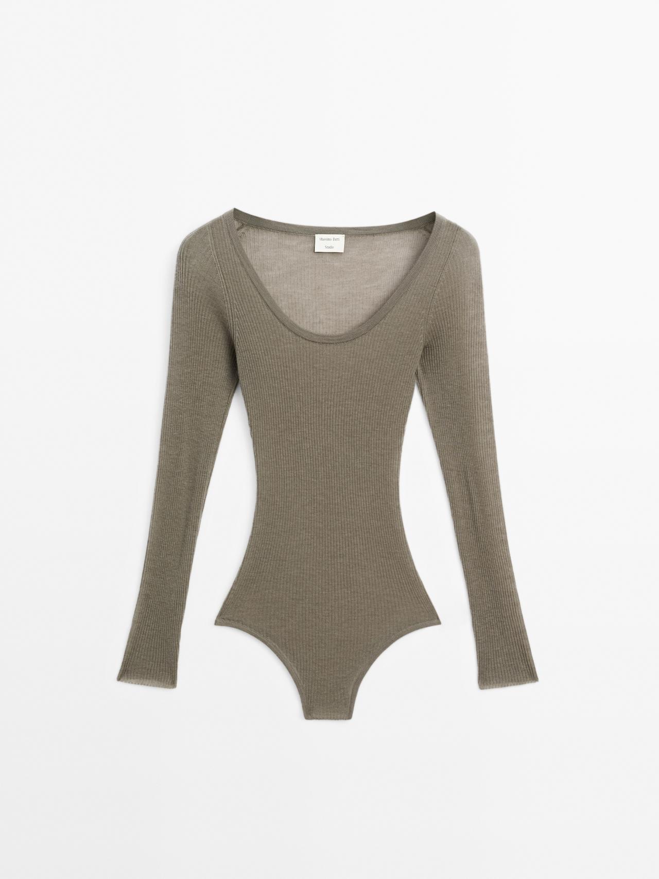 Massimo Dutti - Dame - Halvgennemsigtig Body I 100% Uld – Studio - Grøn - M