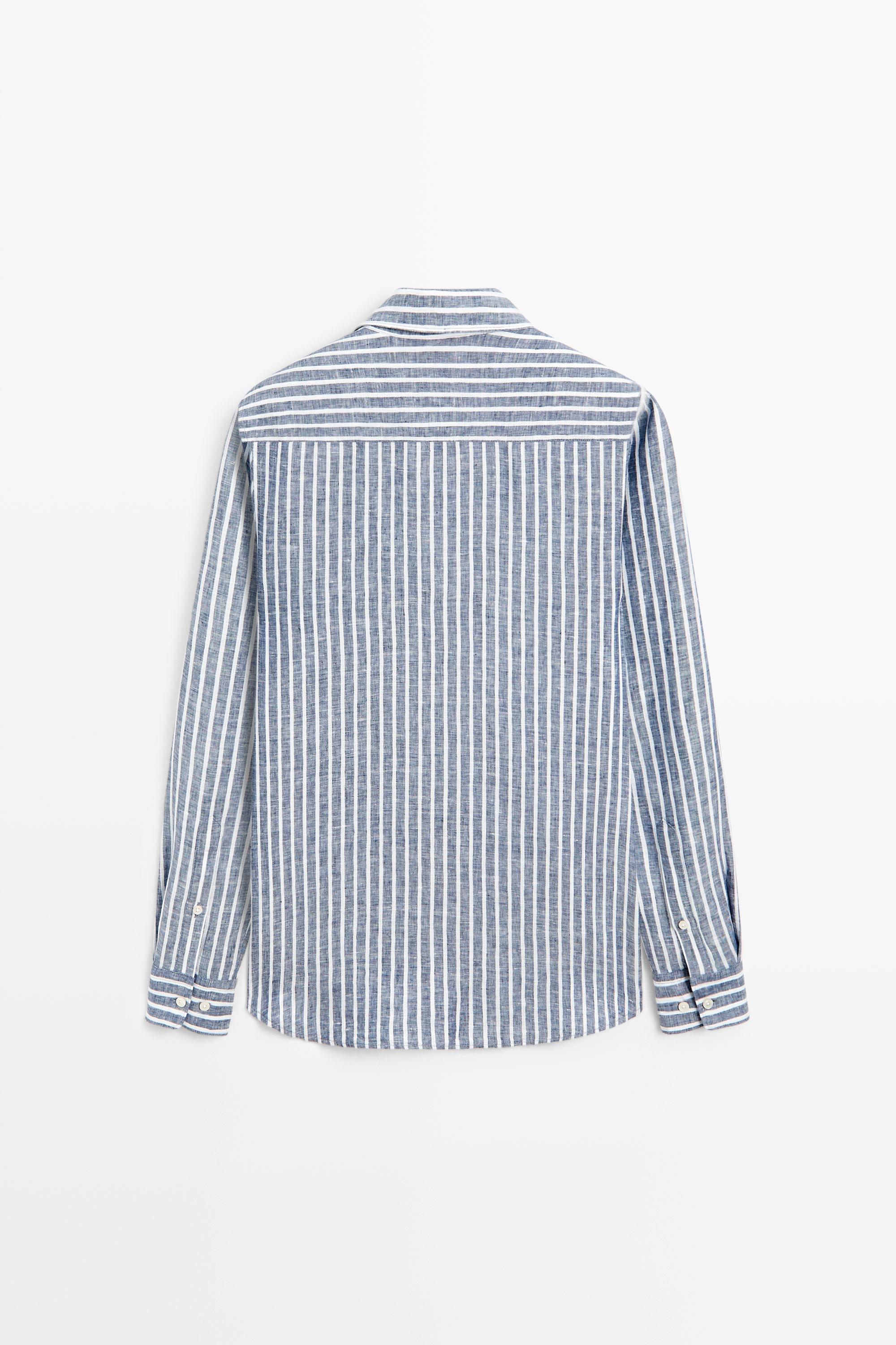 Regular fit striped 100% linen shirt — BLUE