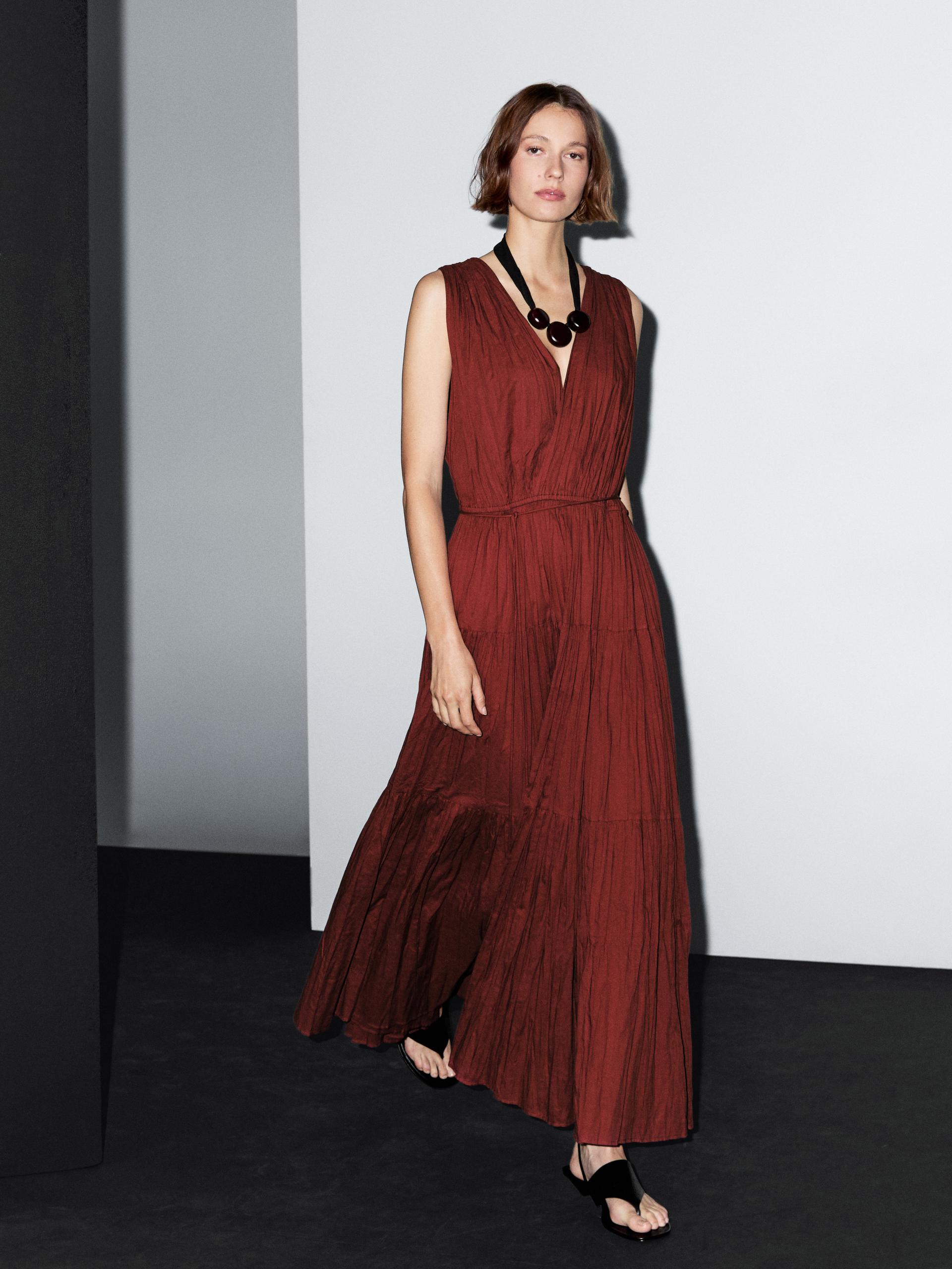 Robe Longue Plissée 100 % Coton - Tuile - Xs - Massimo Dutti - Femme