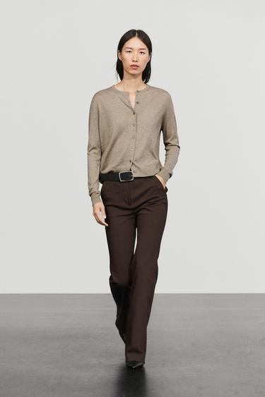 Fine-knit round neck cardigan — BEIGE MARL 1