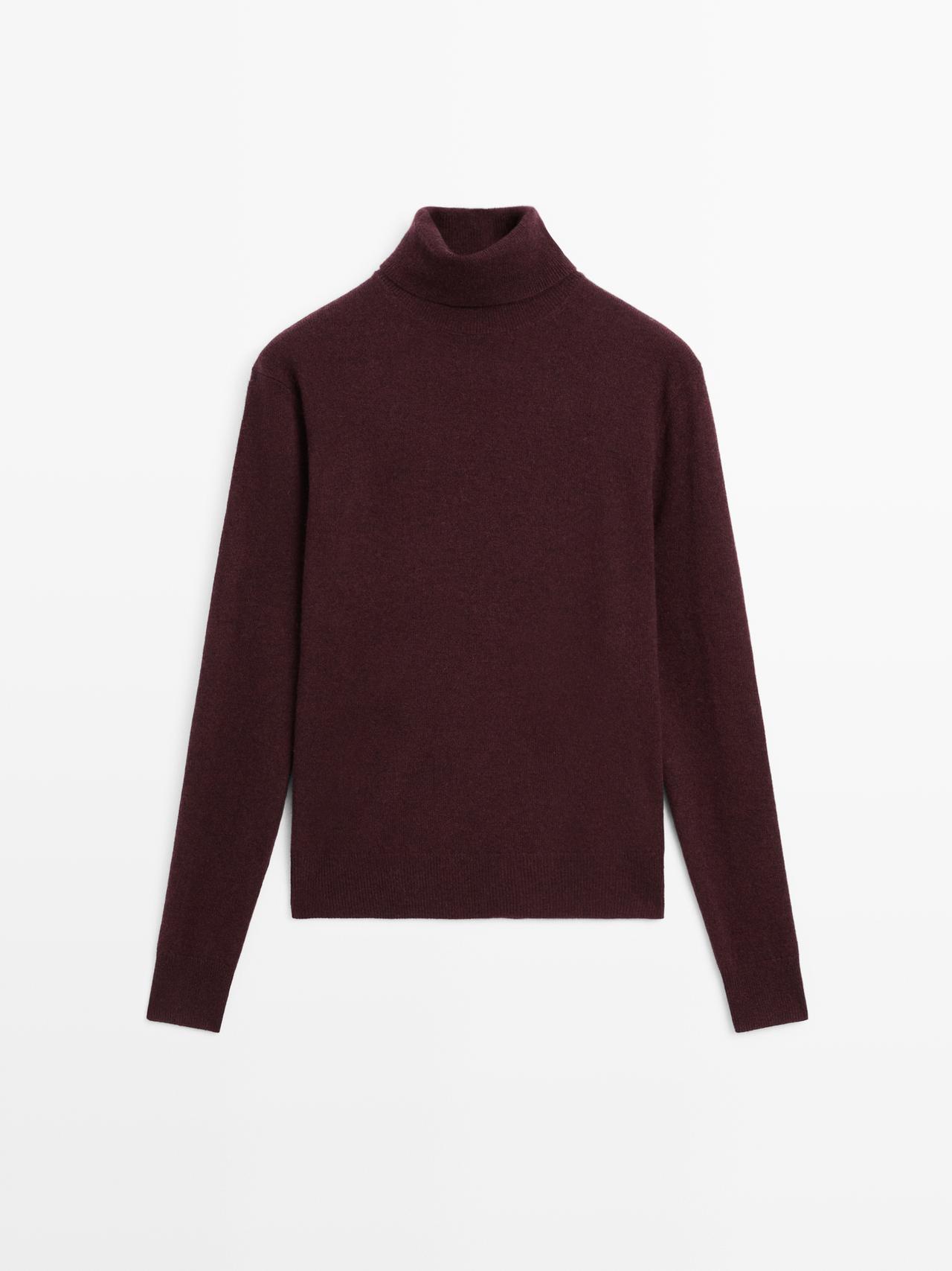 Massimo Dutti - Dame - Strikket Trøje I Uldblanding Med Høj Hals - Granatrød - M